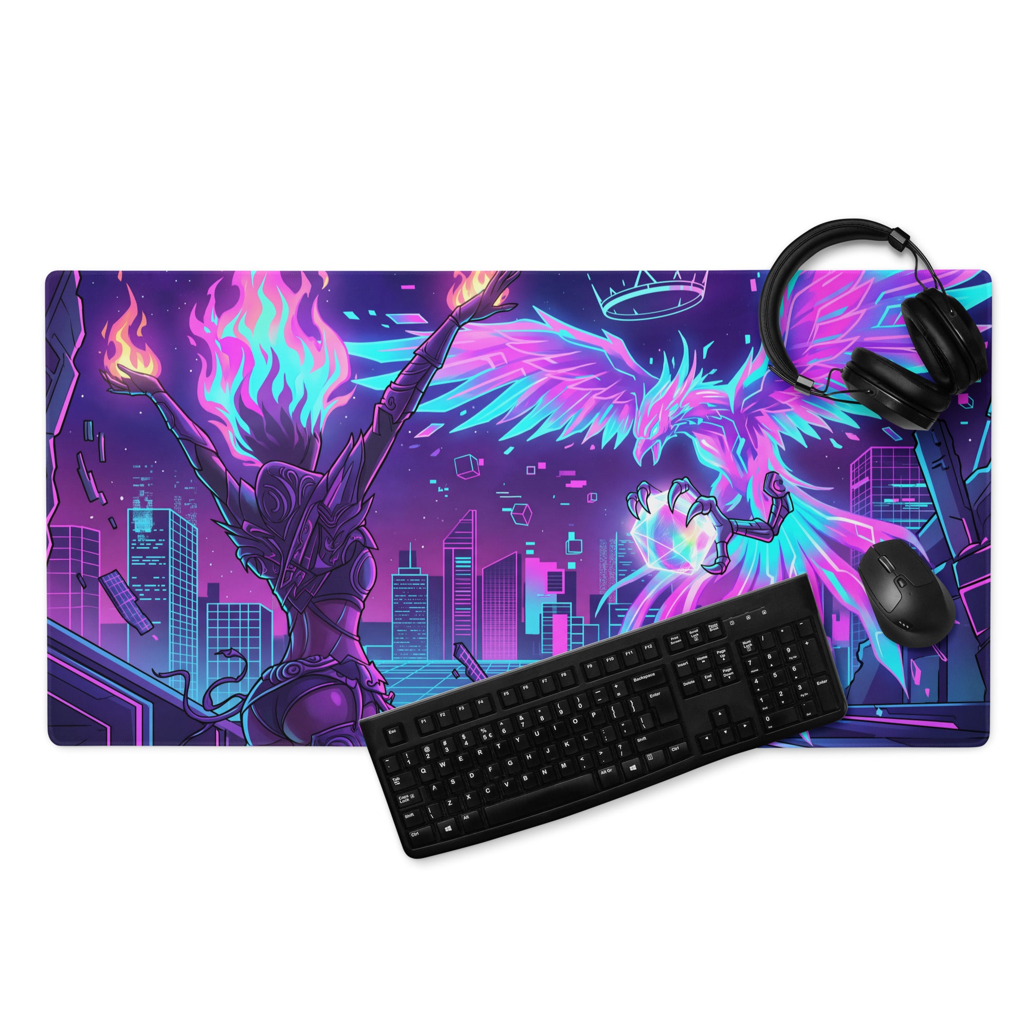 Neon vaporwave gaming mouse pad with vibrant purple and cyan futuristic cityscape, glowing wings, flames, and digital art