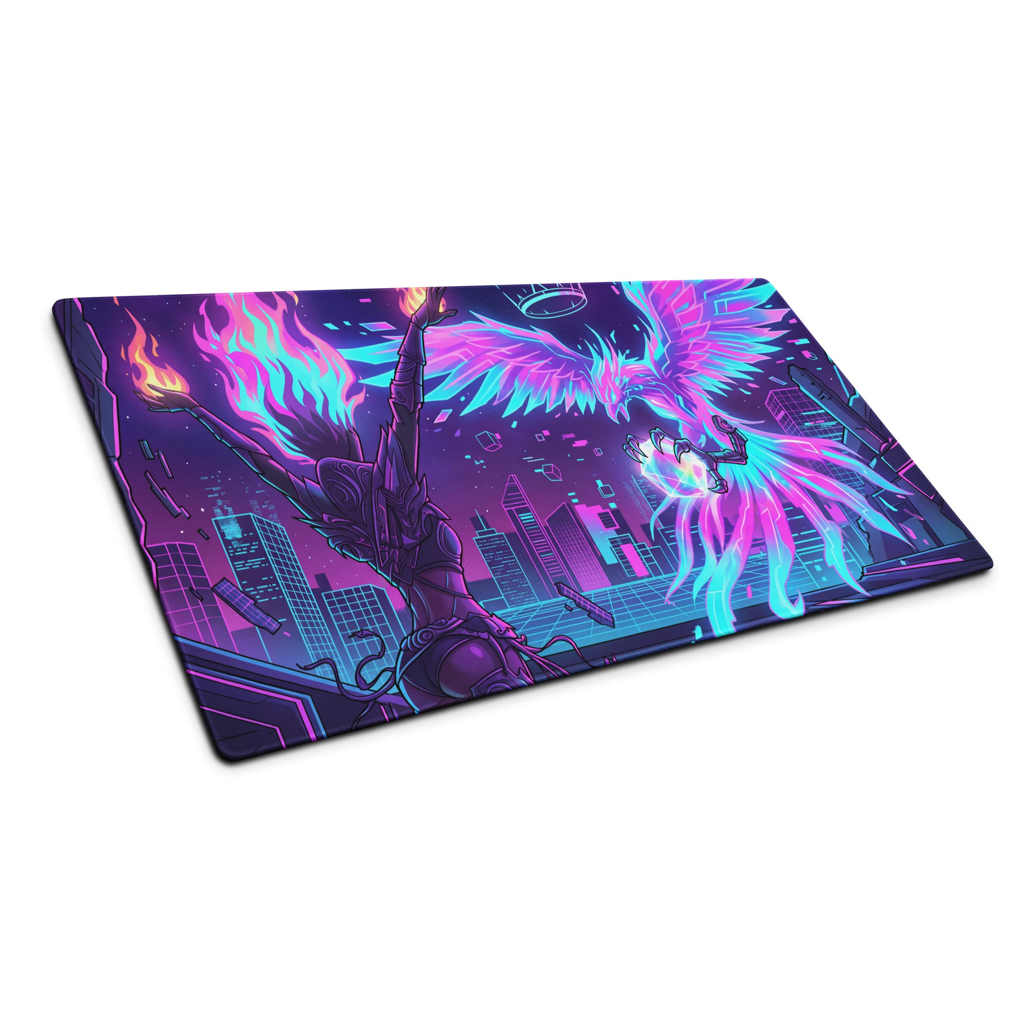 Neon pink and cyan winged phoenix gaming mousepad with futuristic cityscape design for vaporwave retro decor