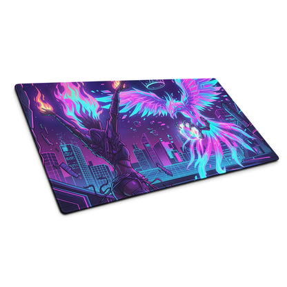 Neon pink and cyan winged phoenix gaming mousepad with futuristic cityscape design for vaporwave retro decor