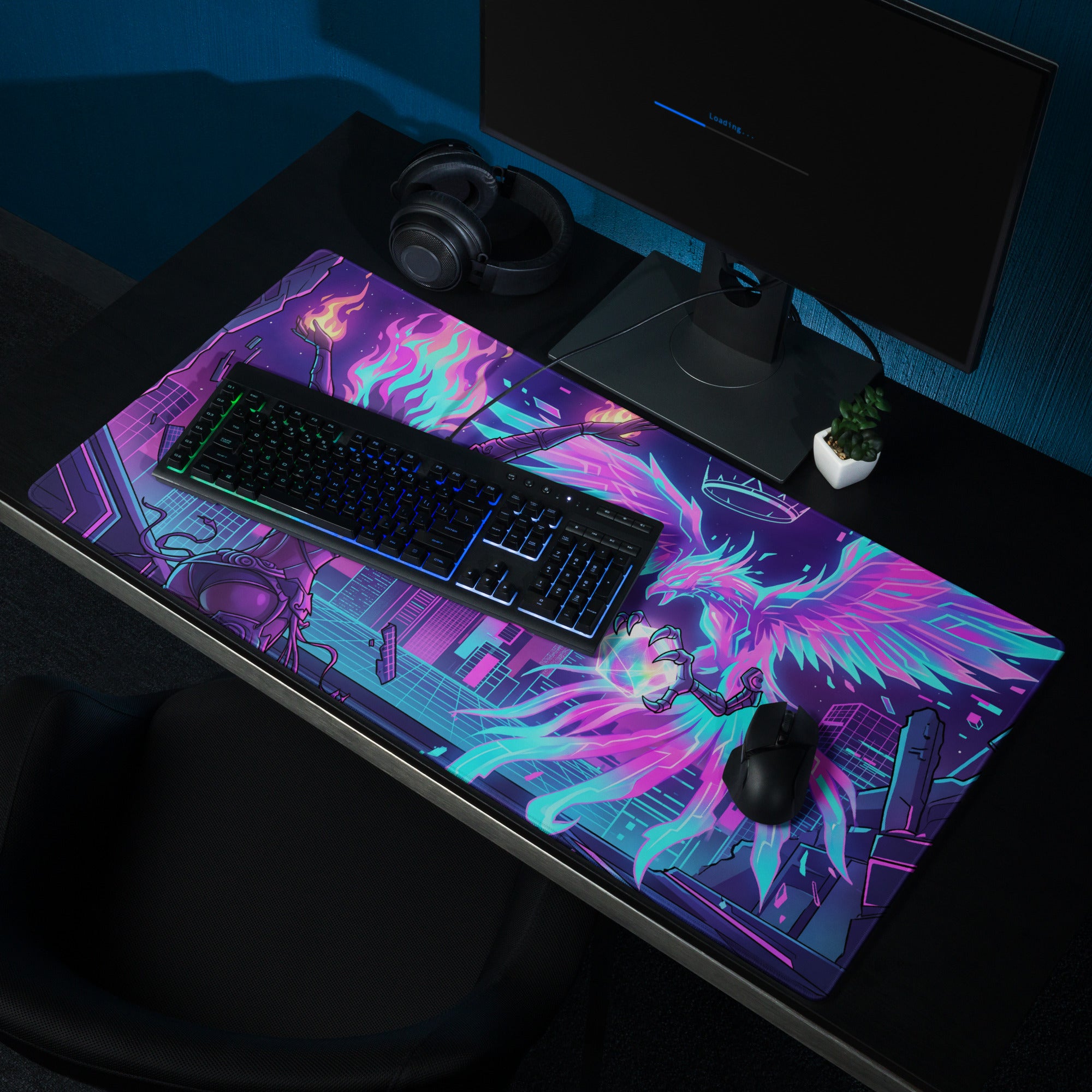 Neon vaporwave gaming mouse pad with vibrant neon pink and cyan glowing phoenix design for energetic retro decor