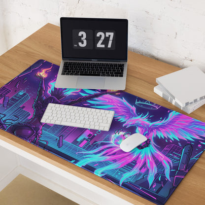 Neon vaporwave gaming mouse pad with vibrant neon purple and cyan cyberpunk phoenix over futuristic cityscape design
