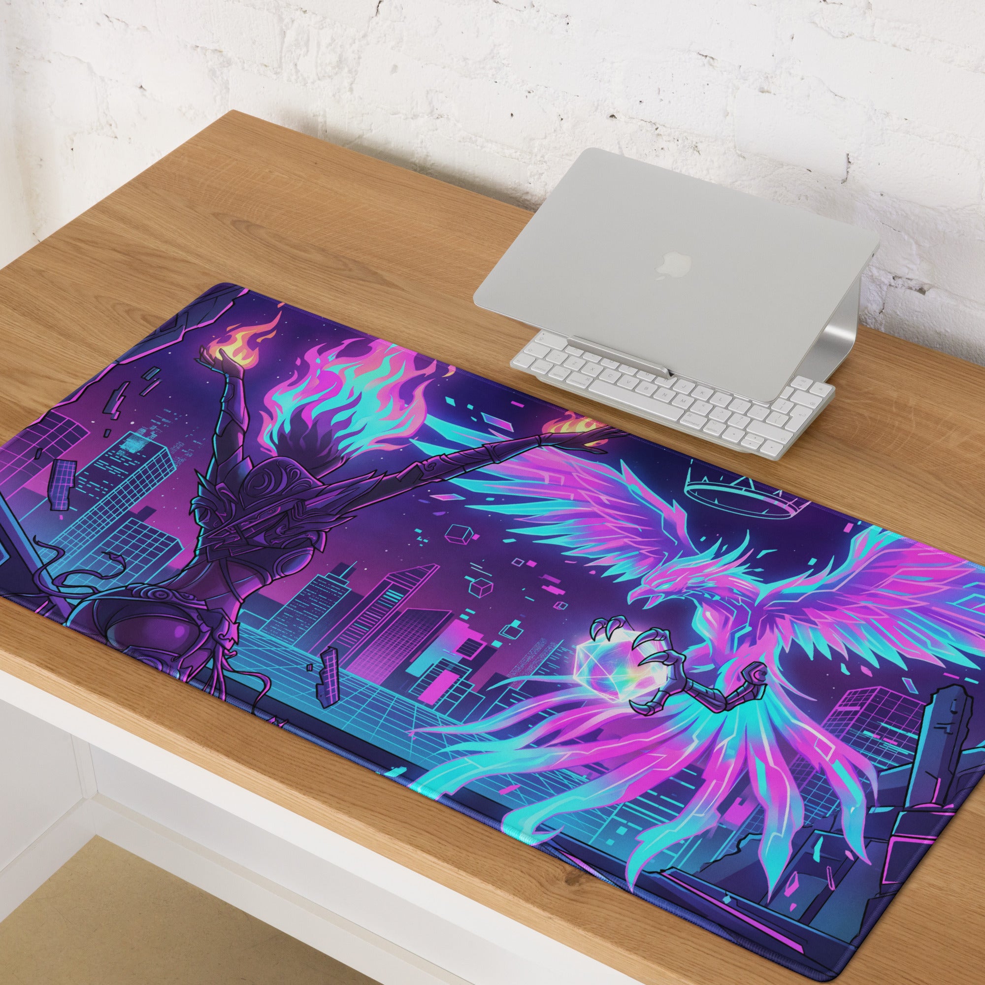 Neon vaporwave gaming mouse pad with vibrant purple and cyan cyberpunk winged figure battling fiery urban scene