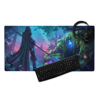 Vibrant neon vaporwave knight mouse pad with a hooded warrior and glowing staff in teal purple pink for gaming desk
