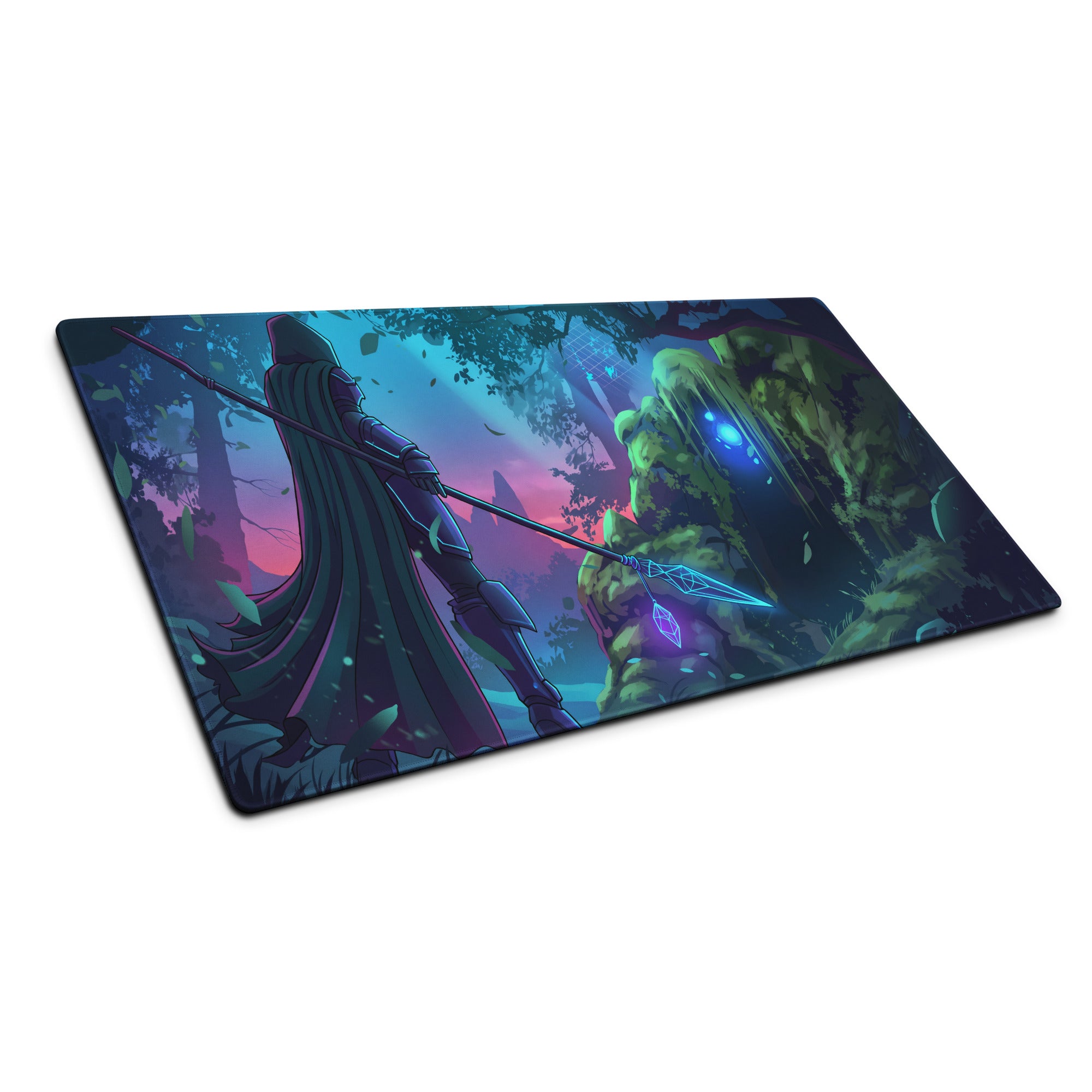 Rectangular gaming mousepad with neon blue purple fantasy knight illustration for cyberpunk gaming desk decor
