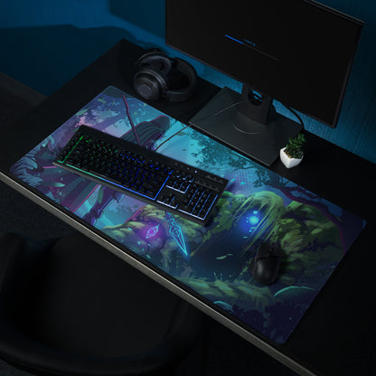 Neon vaporwave knight gaming mouse pad with vibrant enchanted forest character and glowing blue purple accents
