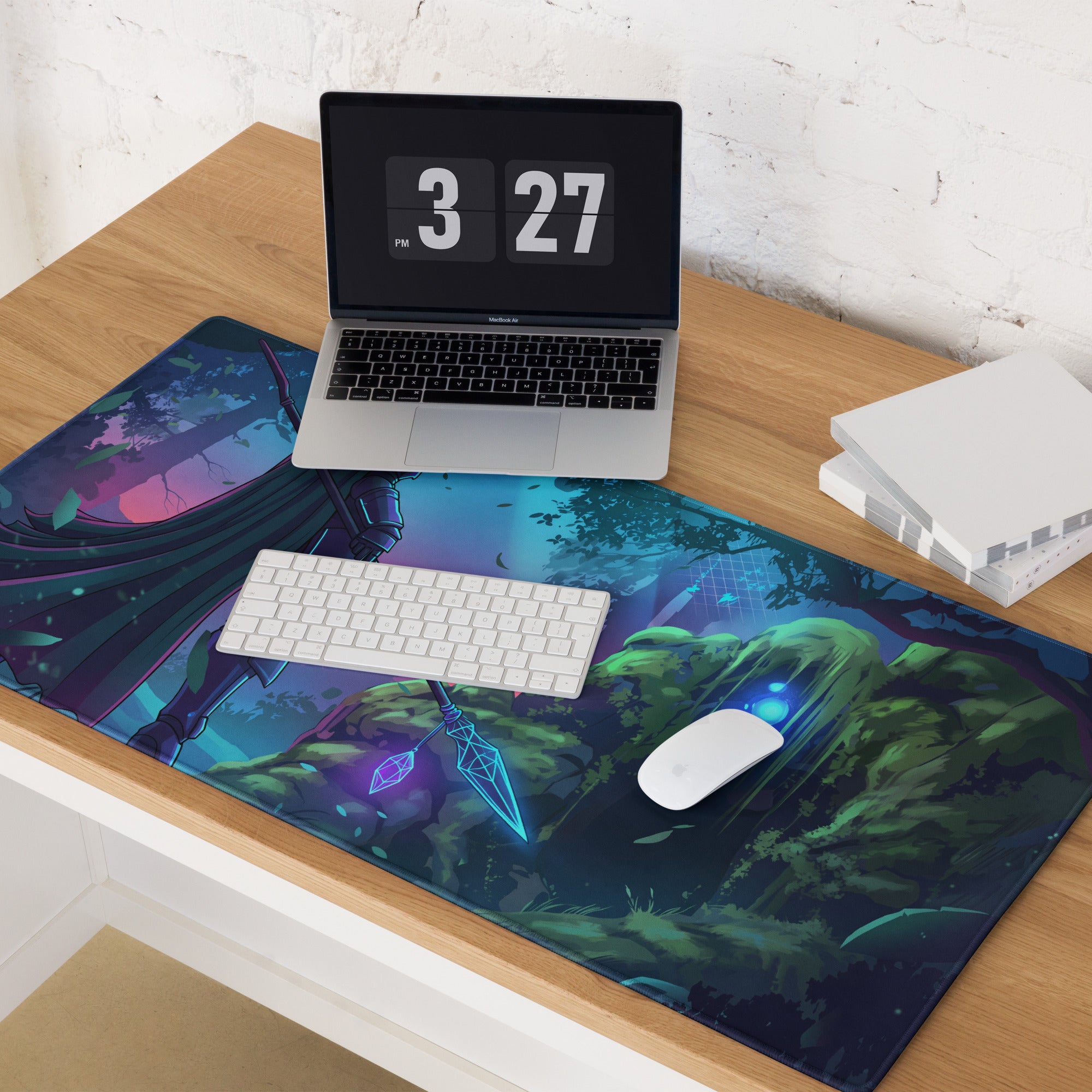 Vibrant neon vaporwave knight gaming mouse pad with dark armor character in glowing blue purple forest design