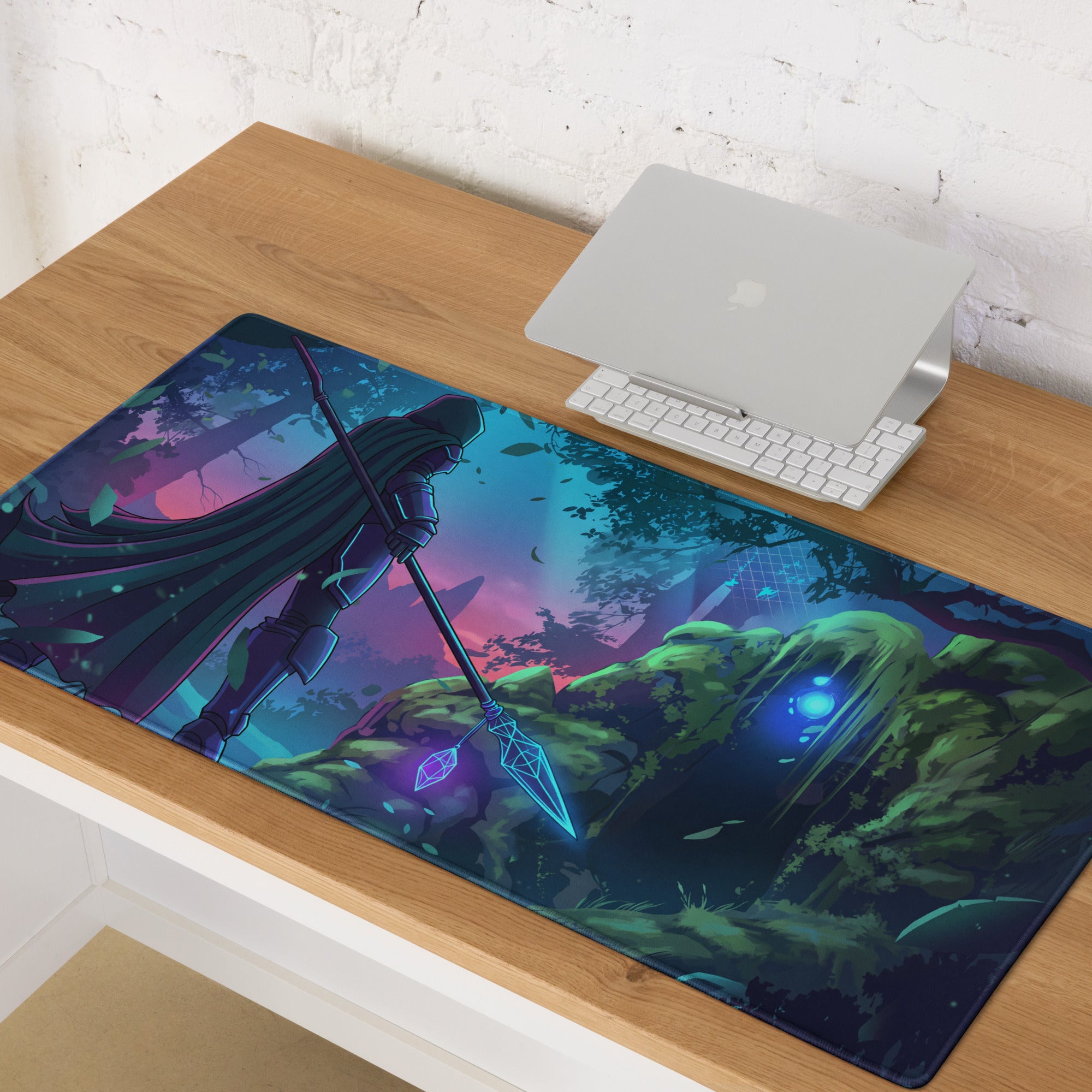 A rectangular neon vaporwave knight mouse pad with a vibrant blue and purple cloaked figure illustration for gaming desks