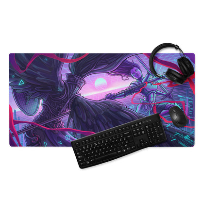 Vaporwave neon art gaming mouse pad in purple pink with a detailed winged warrior and glowing geometric patterns