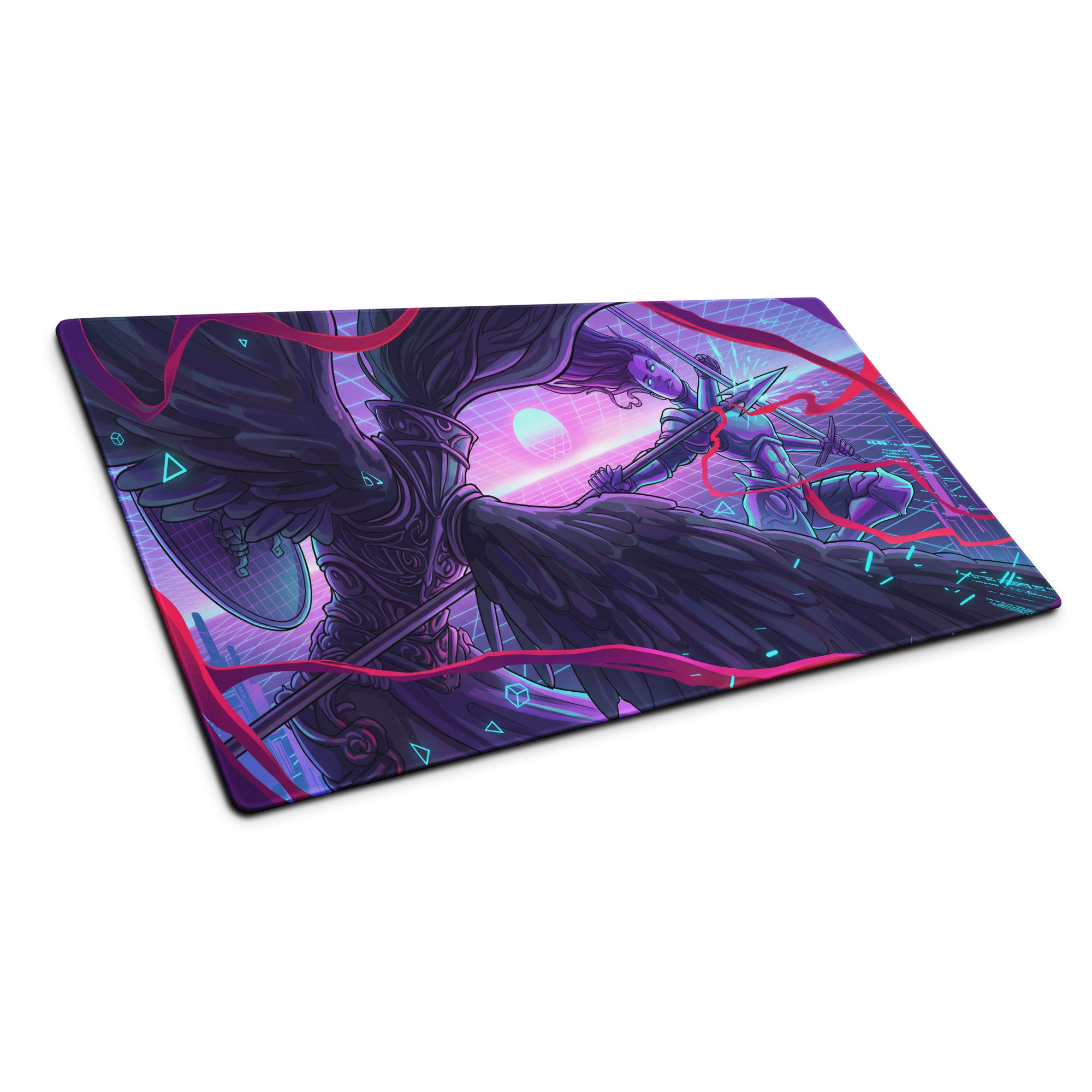 Rectangular vaporwave neon art gaming mousepad with angelic warrior and pink purple blue cyberpunk design