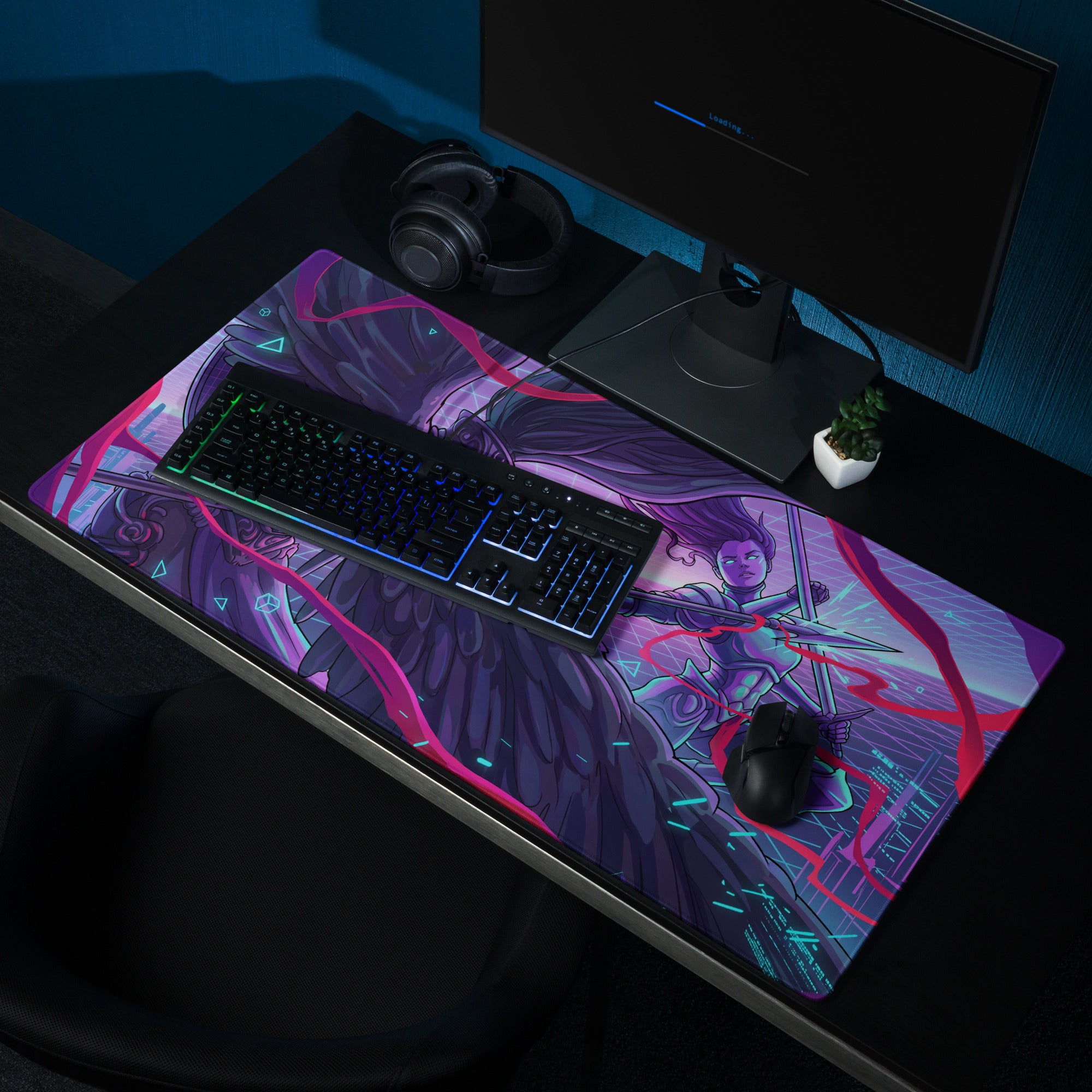 Vibrant purple pink vaporwave neon art gaming mouse pad with dynamic anime warrior and glowing energy effects