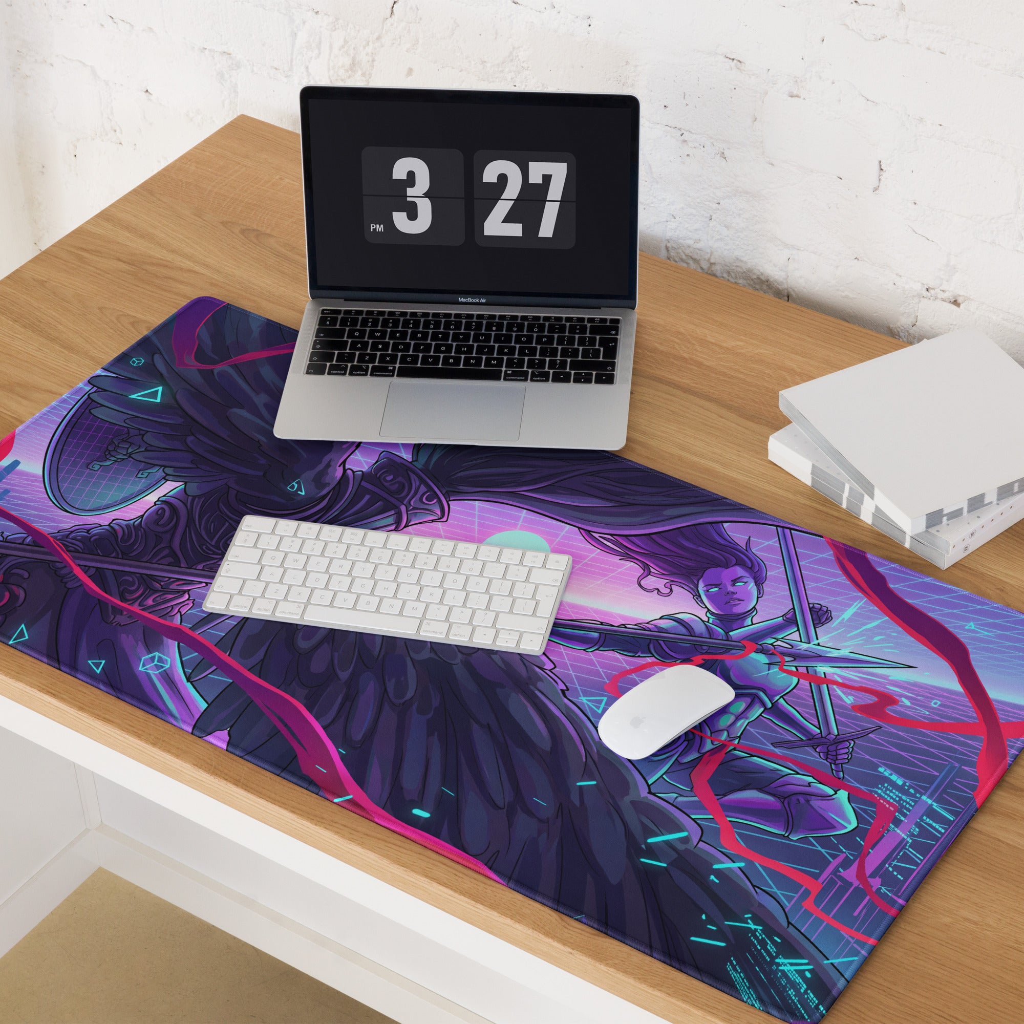 A vibrant rectangular vaporwave neon art gaming mousepad with a purple and pink cyberpunk warrior wing design