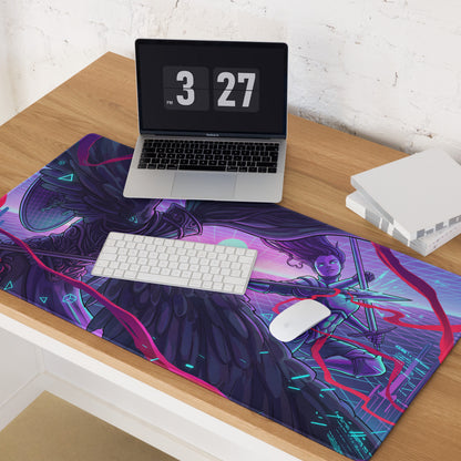 A vibrant rectangular vaporwave neon art gaming mousepad with a purple and pink cyberpunk warrior wing design