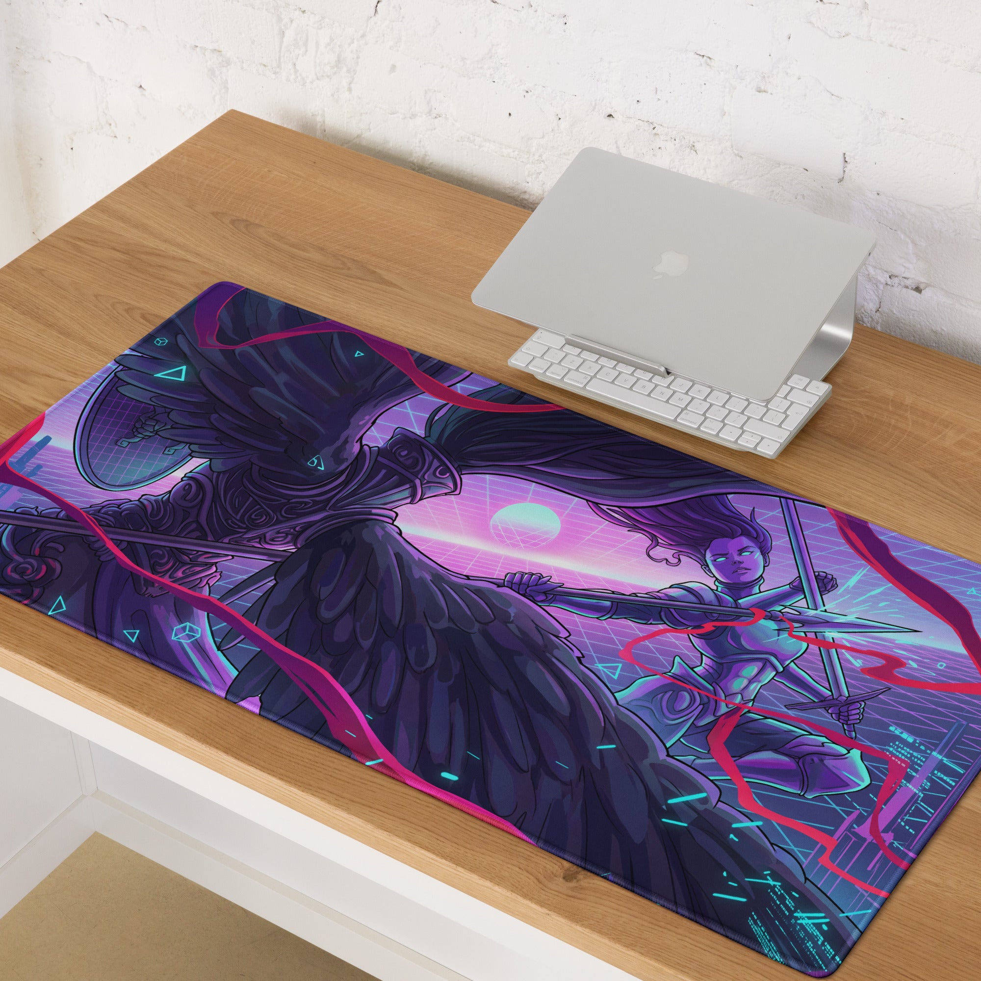 Vibrant purple pink vaporwave neon art gaming mouse pad featuring a detailed winged figure in futuristic armor