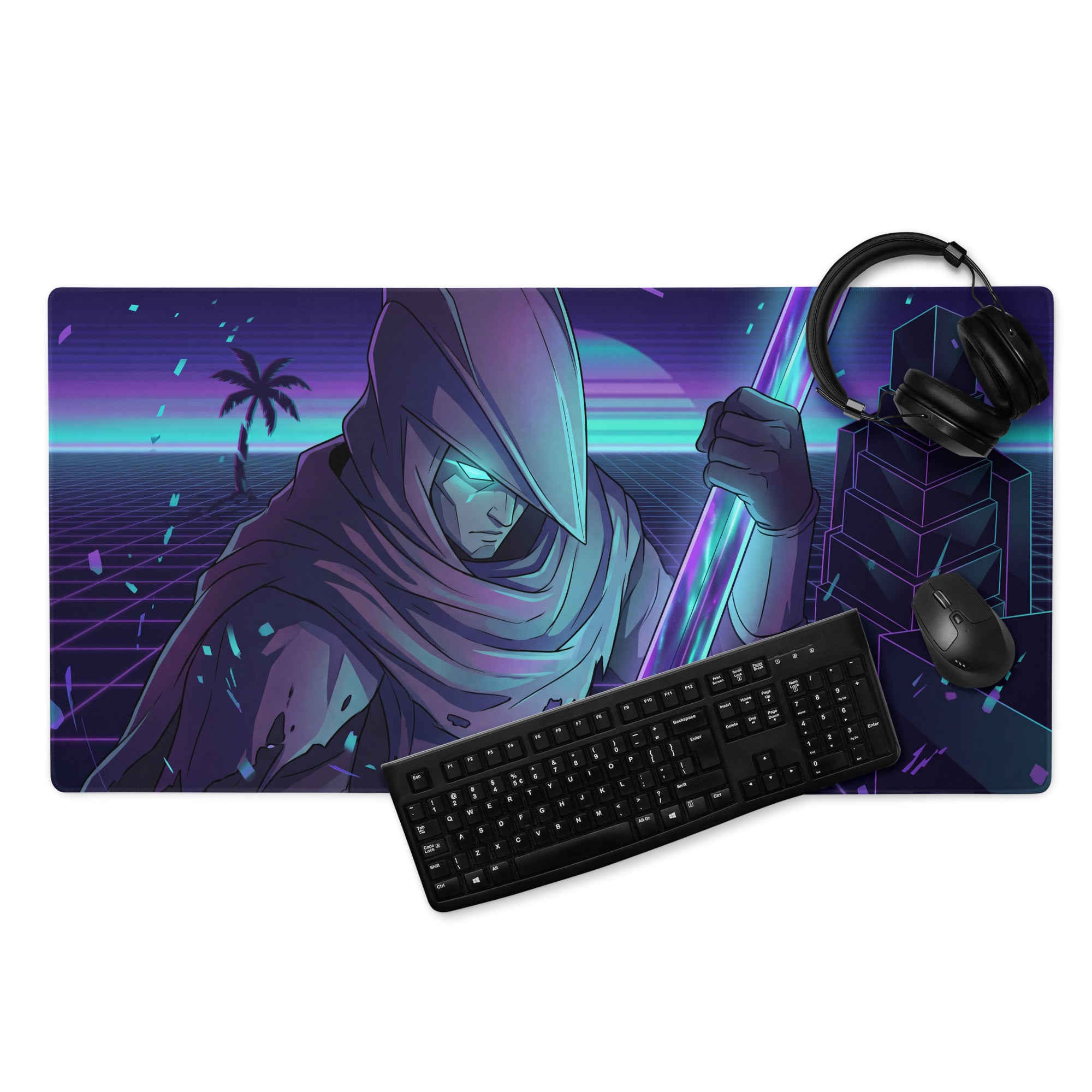 Nineteen-inch rectangular neon purple vaporwave gaming mousepad with retro-futuristic anime design and non-slip surface