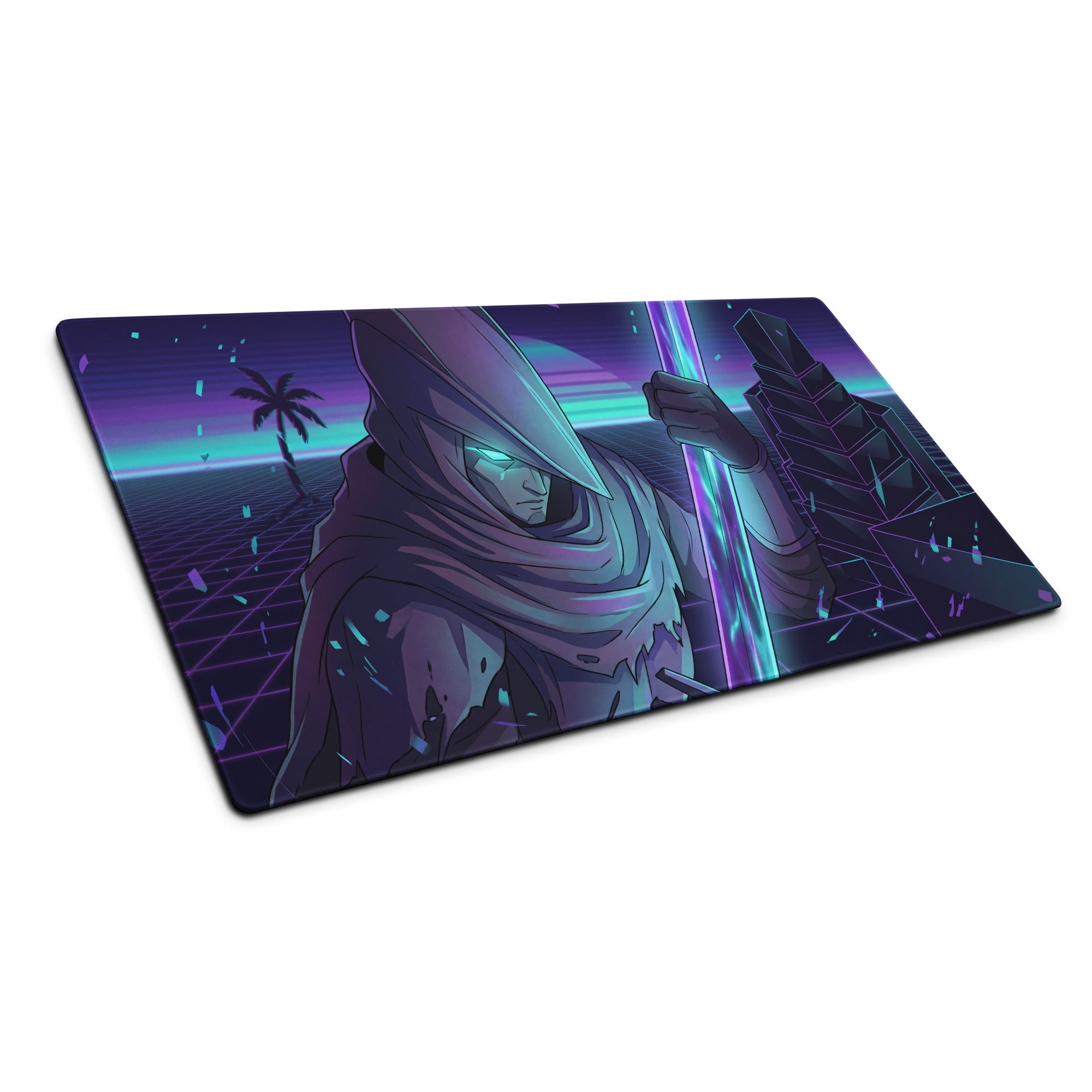 Nineteen-inch neon purple vaporwave gaming mousepad with retro-futuristic hooded figure and glowing sword design