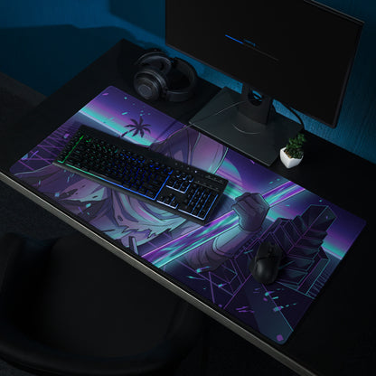 Neon vaporwave gaming mousepad with vibrant purple and teal anime design and neon light effects for non slip use