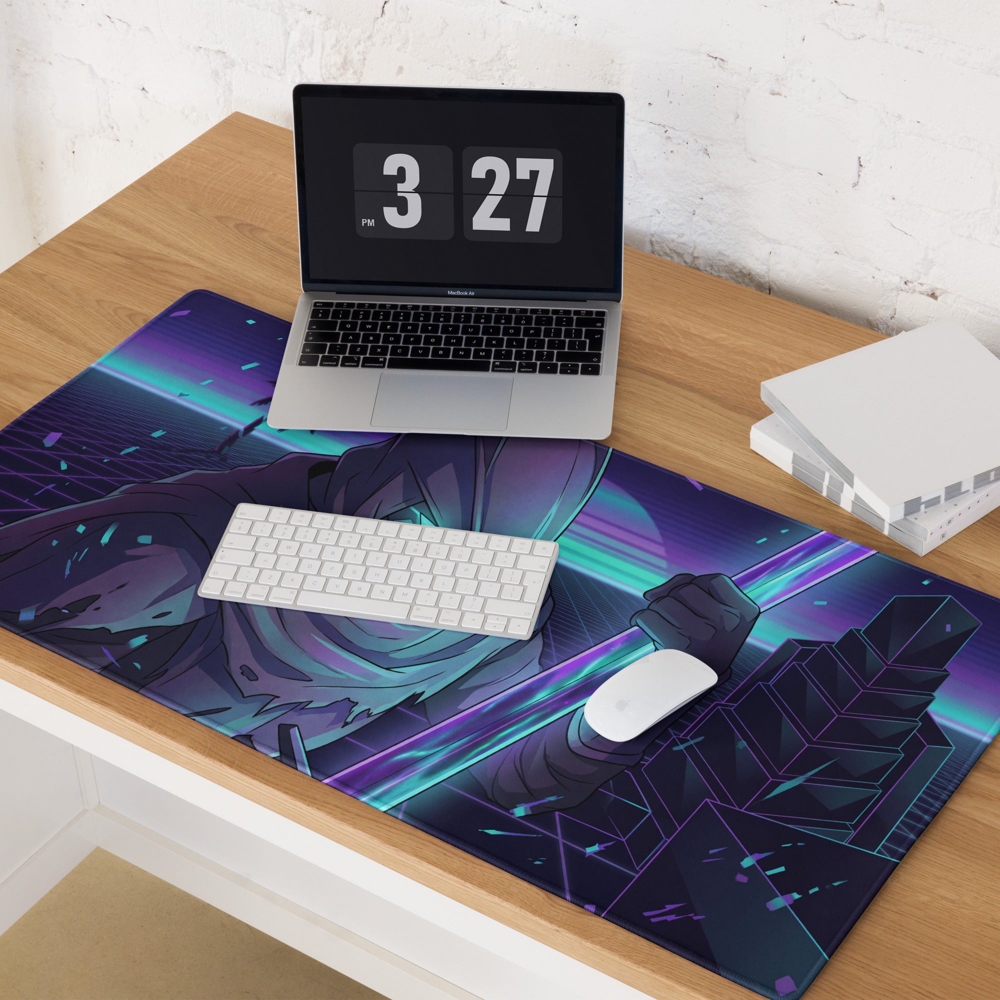 Vibrant purple and teal neon vaporwave gaming mouse pad with stylized character design and non slip surface