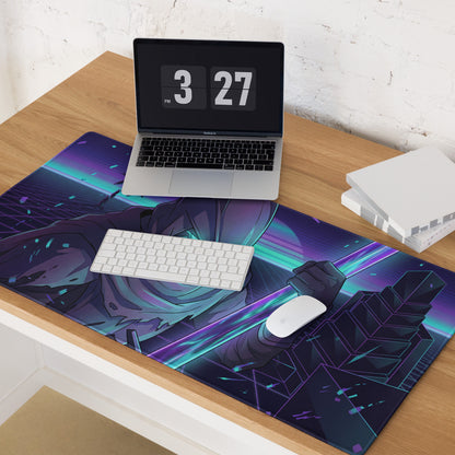 Vibrant purple and teal neon vaporwave gaming mouse pad with stylized character design and non slip surface