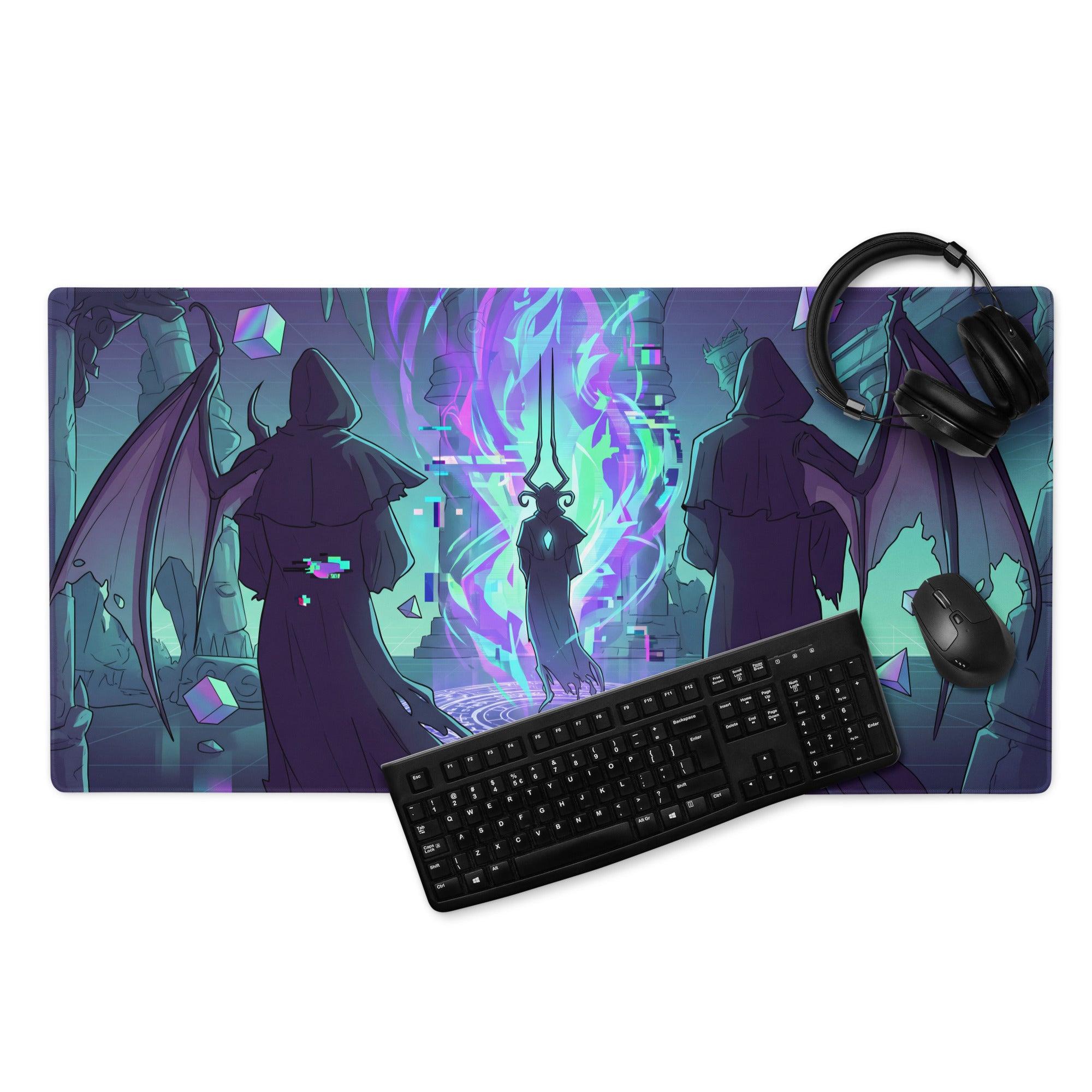 Neon vaporwave gaming mouse pad with vibrant fantasy illustration of dark cloaked figures and glowing purple energy on teal