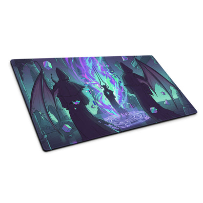 Neon vaporwave gaming mouse pad vibrant purple and teal with dark winged figures and magical portal design