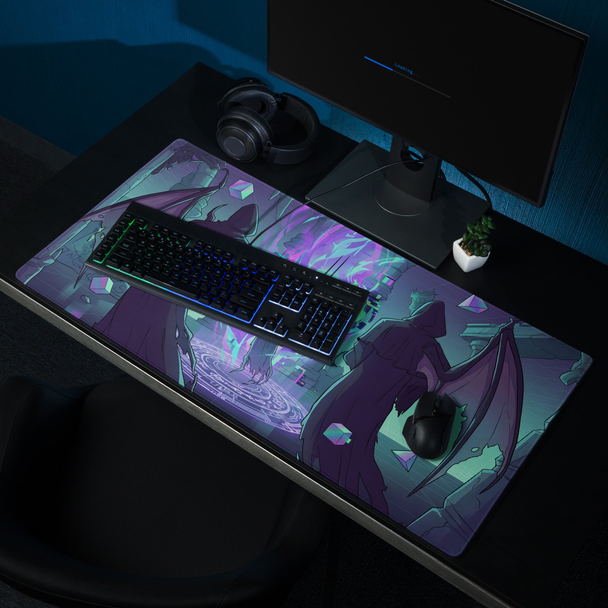 Neon vaporwave gaming mouse pad with purple teal dragon illustration designed for energetic retro futurism decor