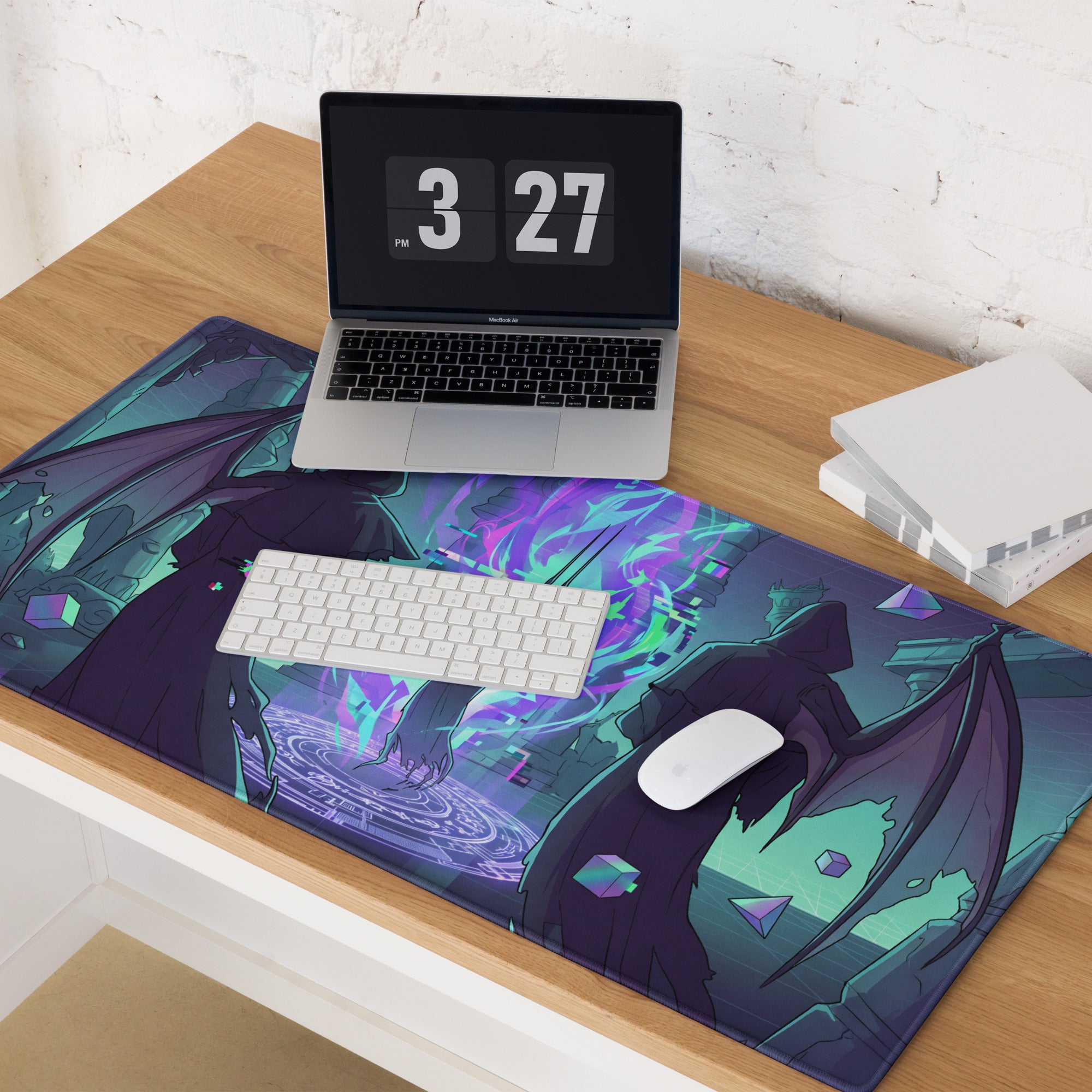 A vibrant neon vaporwave gaming mouse pad featuring a dark fantasy anime character with glowing purple and teal effects