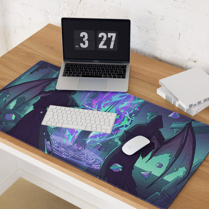 A vibrant neon vaporwave gaming mouse pad featuring a dark fantasy anime character with glowing purple and teal effects