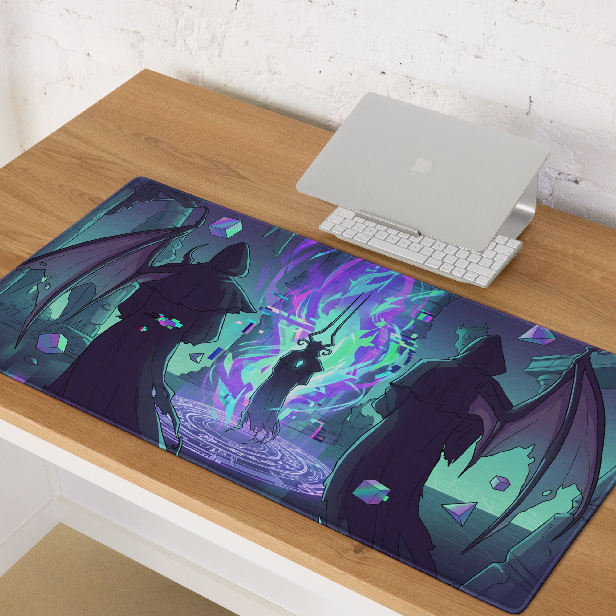 Vibrant rectangular neon vaporwave gaming mouse pad with dark fantasy purple teal cloaked figures and glowing magical energy design