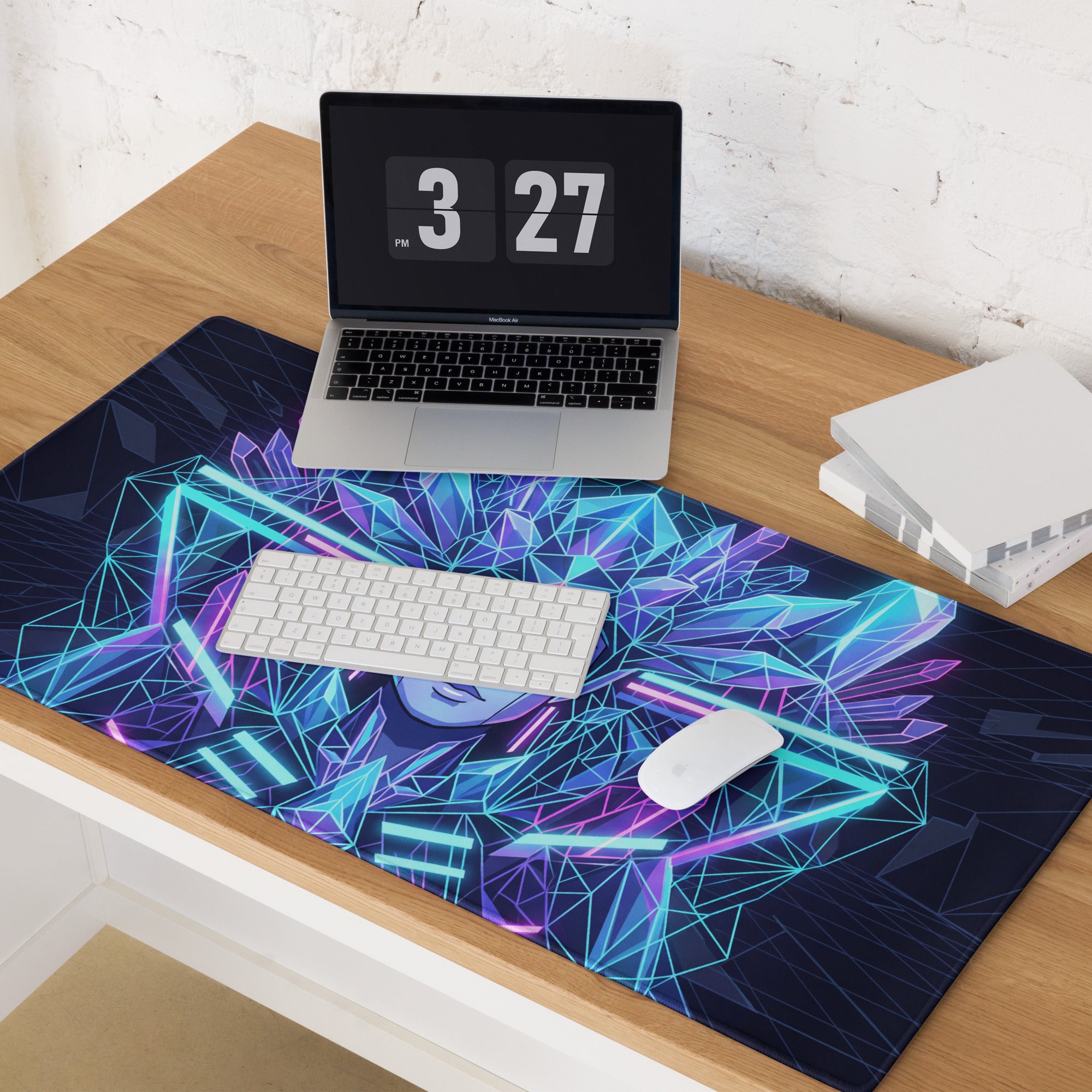 Vaporwave neon crystal mouse pad with vibrant geometric anime face in glowing cyan and purple for desk setup
