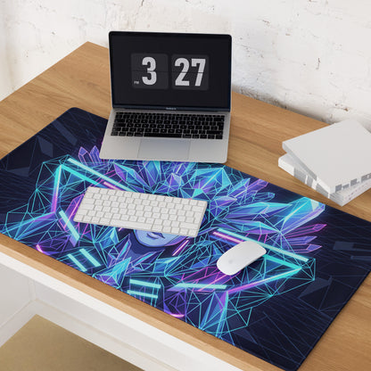 Vaporwave neon crystal mouse pad with vibrant geometric anime face in glowing cyan and purple for desk setup