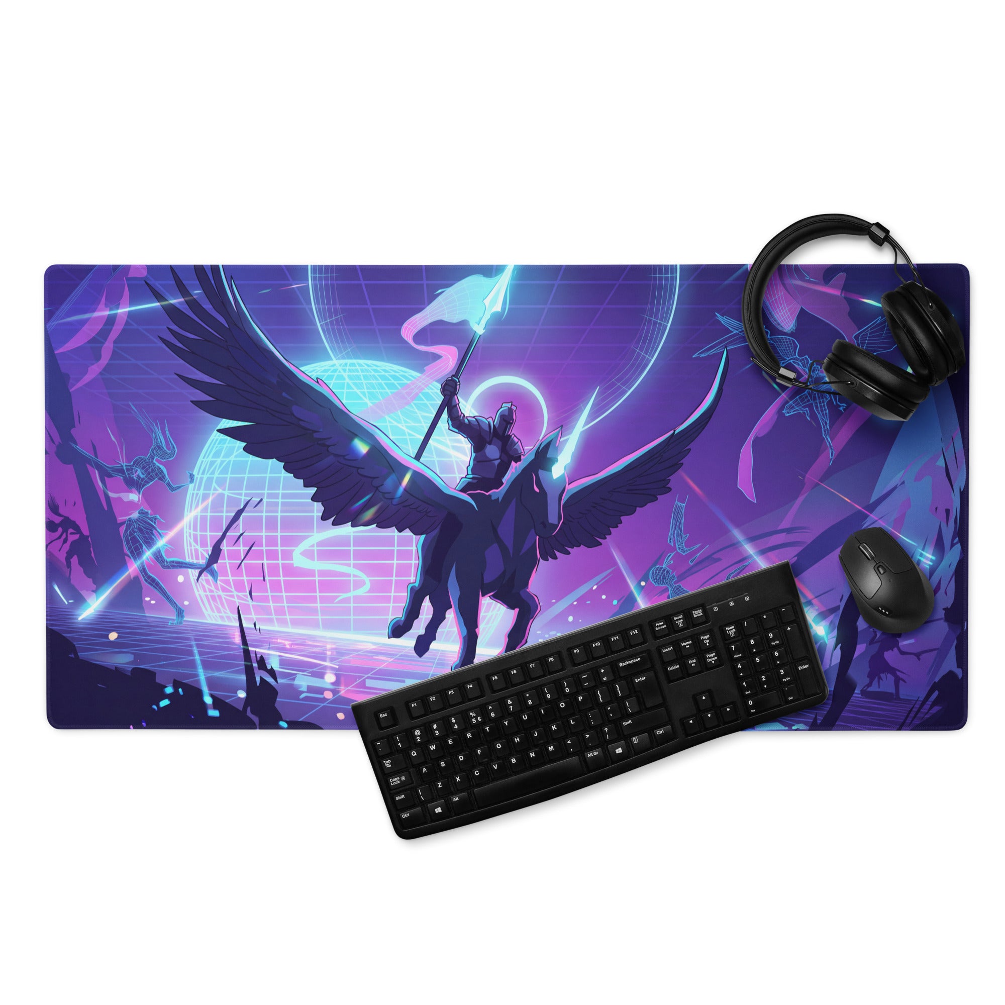 Neon Vaporwave Winged Pad - Gaming Mouse Pad Neon Purple Blue Desktop Vaporwave Futuristic Neon Desk Decor Digital Art