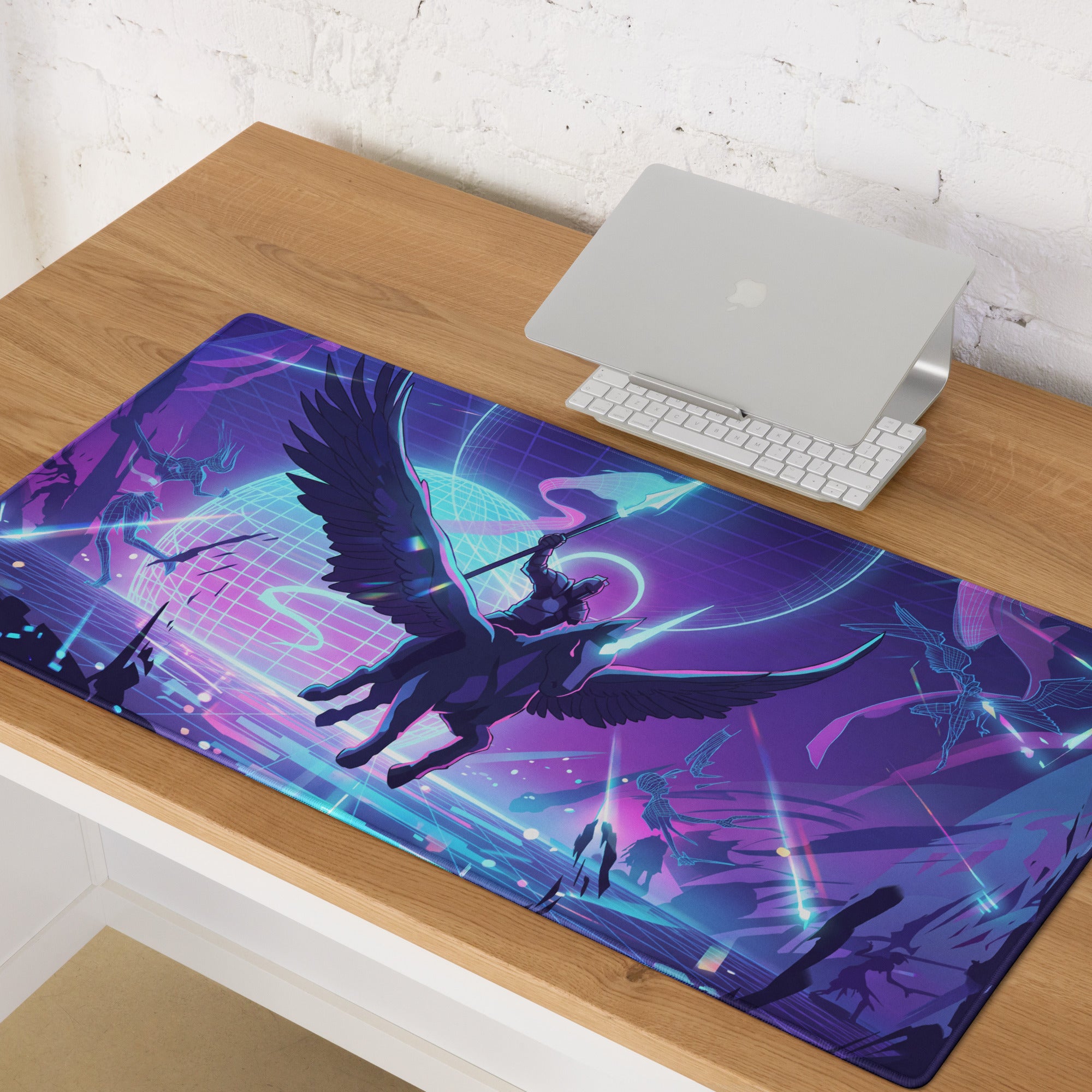 Neon Vaporwave Winged Pad - Gaming Mouse Pad Neon Purple Blue Desktop Vaporwave Futuristic Neon Desk Decor Digital Art