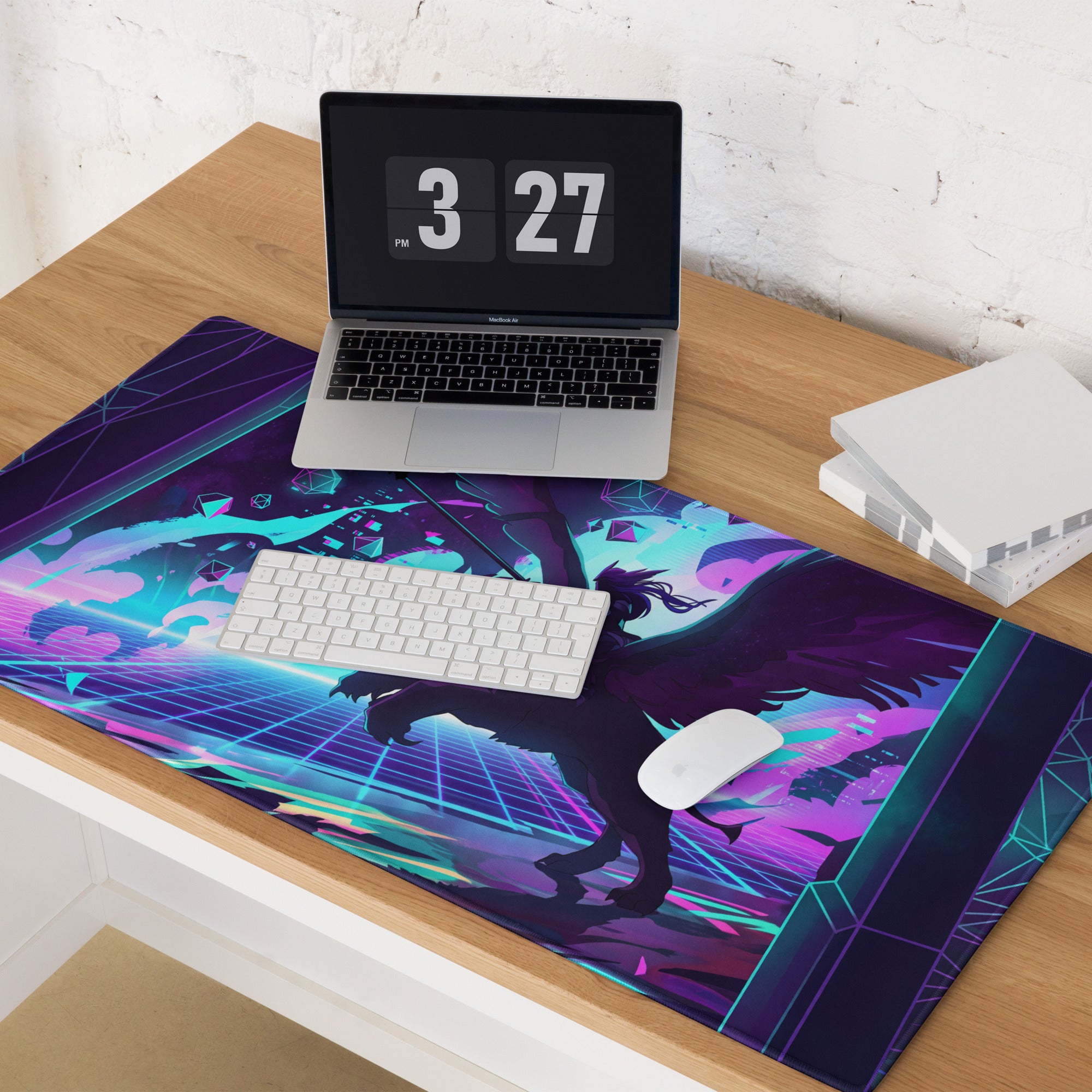 Neon Vaporwave Gaming Pad - Gaming Mouse Pad Purple Neon Blue Desktop Setup Vaporwave Cyberpunk Vibrant Mood Digital Art