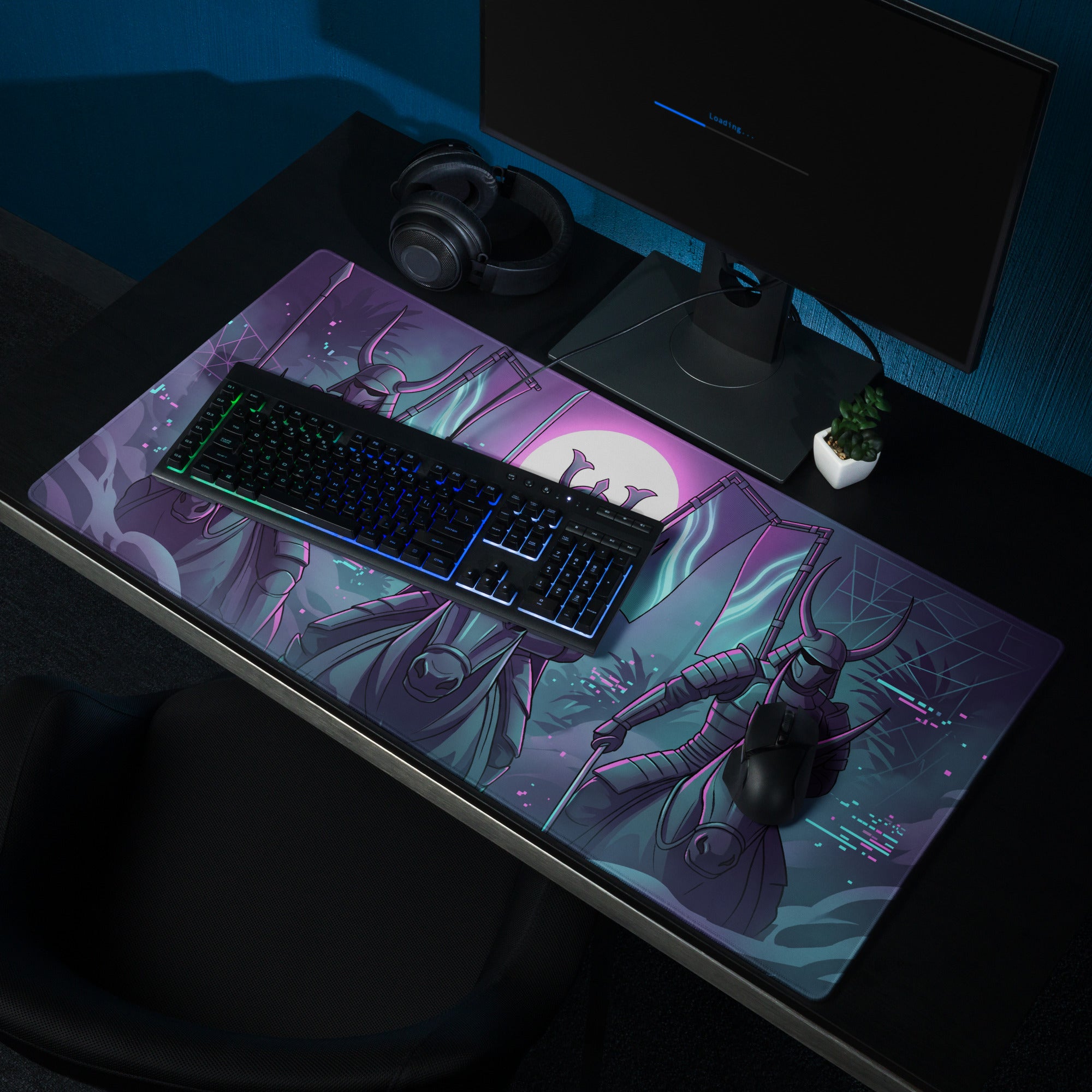 Neon Vaporwave Samurai Mouse Pad - Samurai Neon Purple Pink Vaporwave Energetic Retro Neon Decor Gaming Mat Digital Art