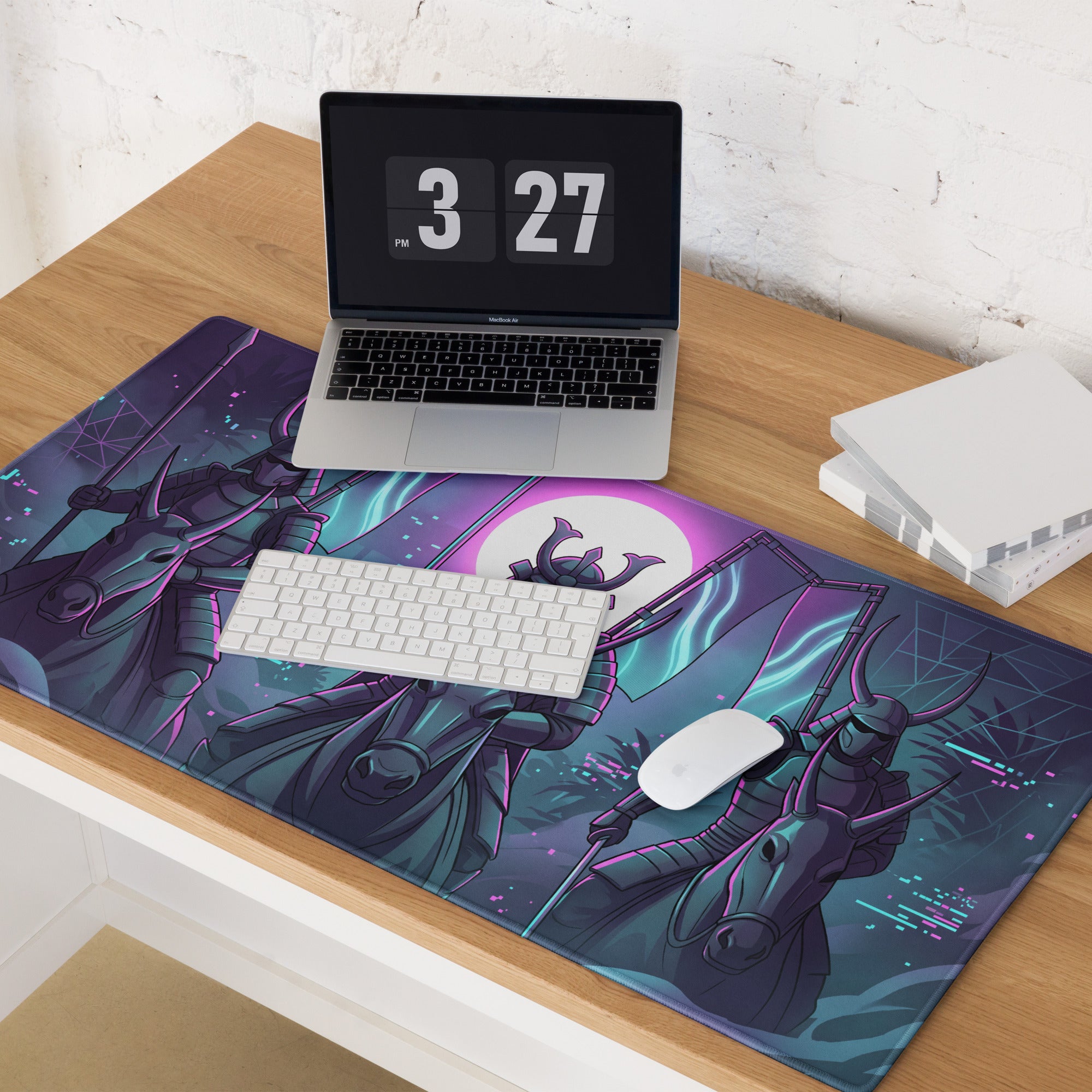 Neon Vaporwave Samurai Mouse Pad - Samurai Neon Purple Pink Vaporwave Energetic Retro Neon Decor Gaming Mat Digital Art