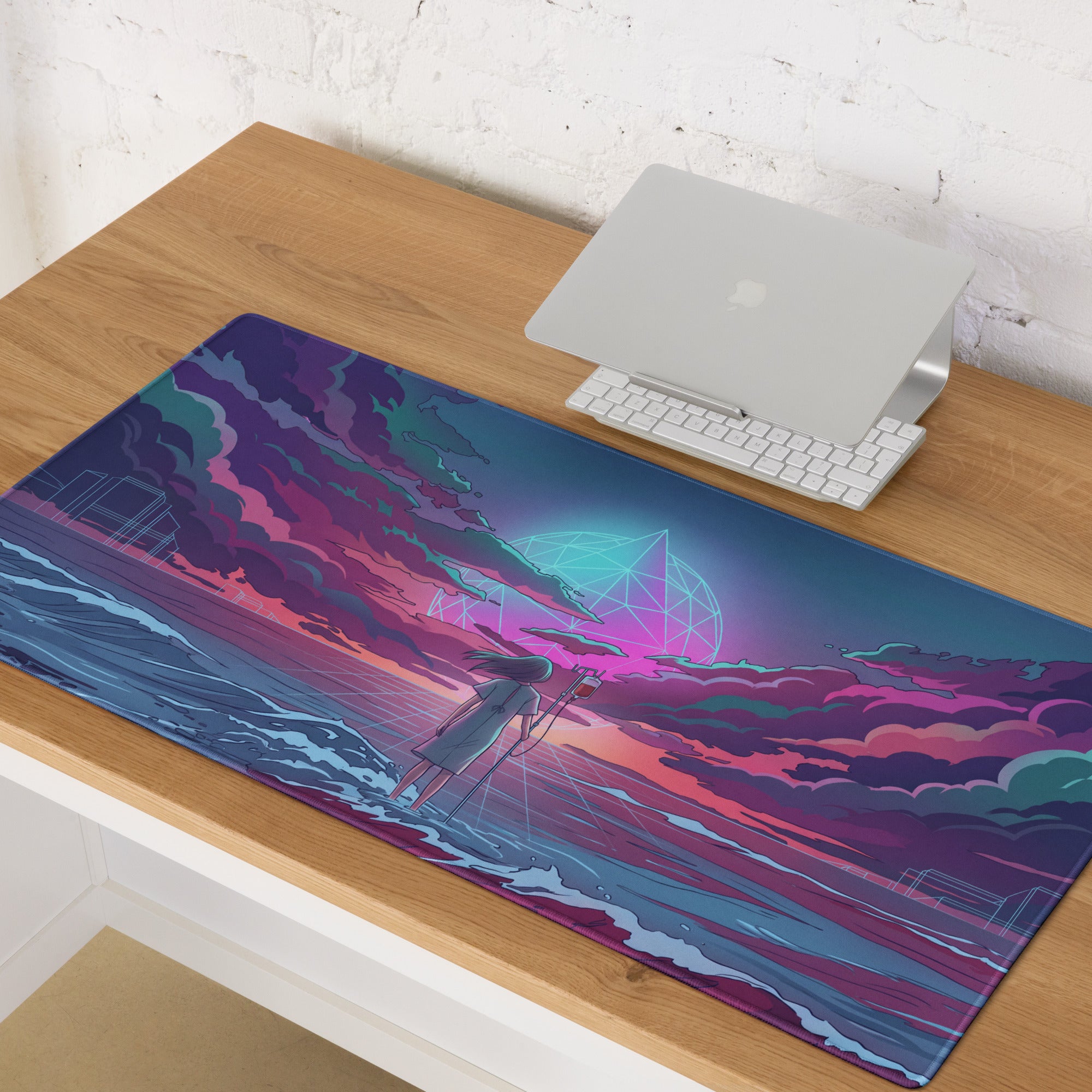 Vaporwave Neon Ocean Desk Pad - Gaming Mouse Pad Neon Pink Purple Cyan Vaporwave Dreamy Mood Neon Aesthetic Digital Art