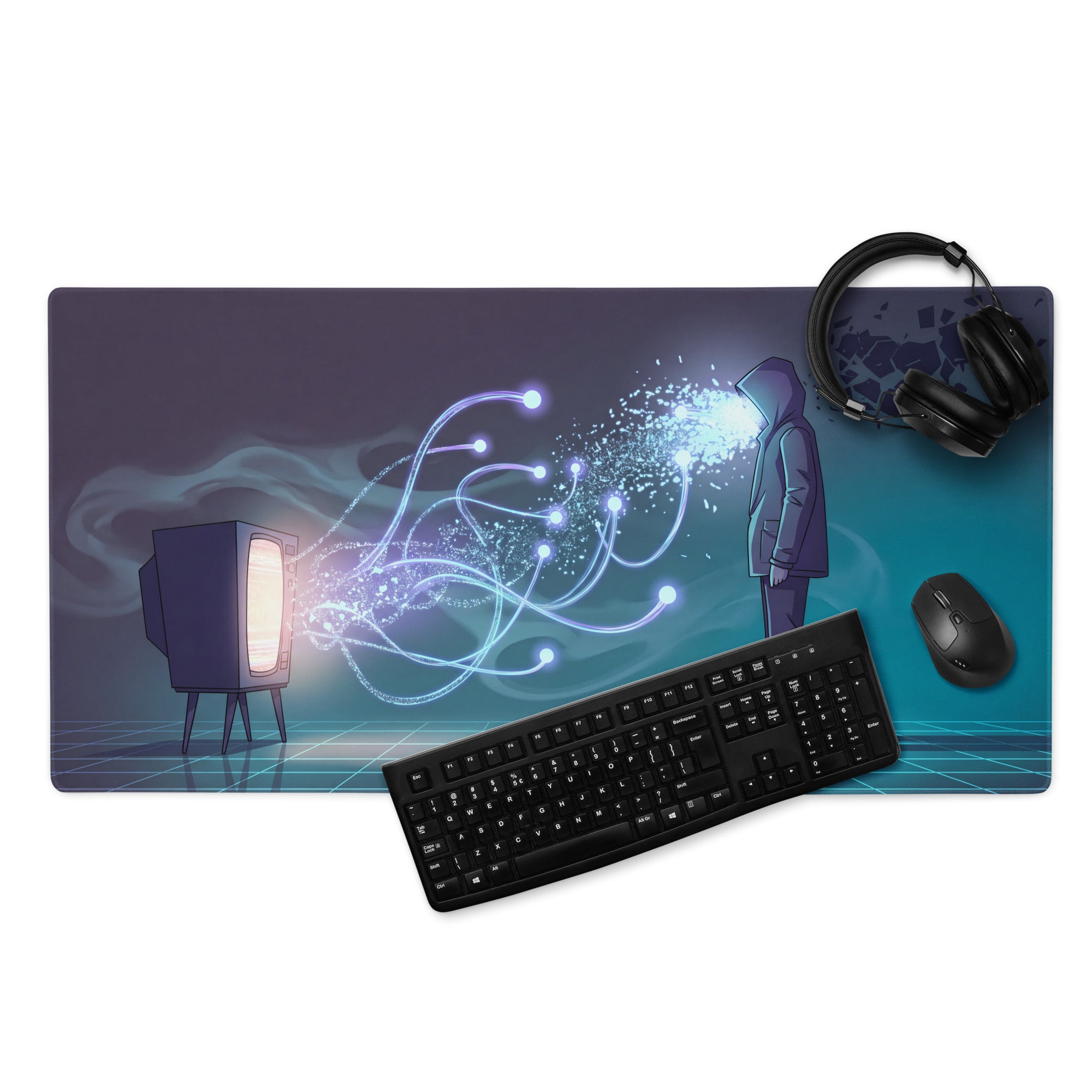 Rectangular vaporwave neon gaming mousepad with dark purple and teal gradient and retro tv emitting blue energy to hooded figure