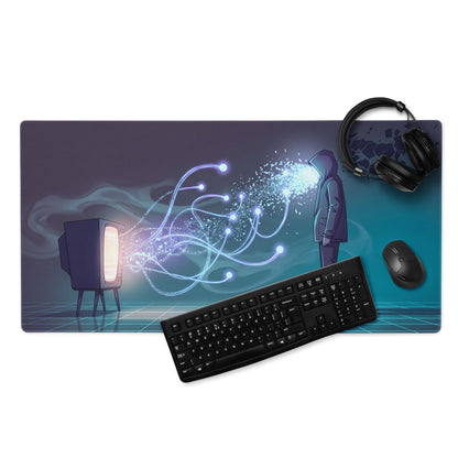 Rectangular vaporwave neon gaming mousepad with dark purple and teal gradient and retro tv emitting blue energy to hooded figure
