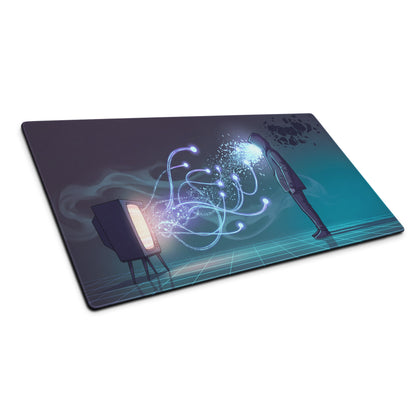 Rectangular vaporwave neon gaming mouse pad with dark purple teal gradient and retro tv emitting blue energy lines to man silhouette