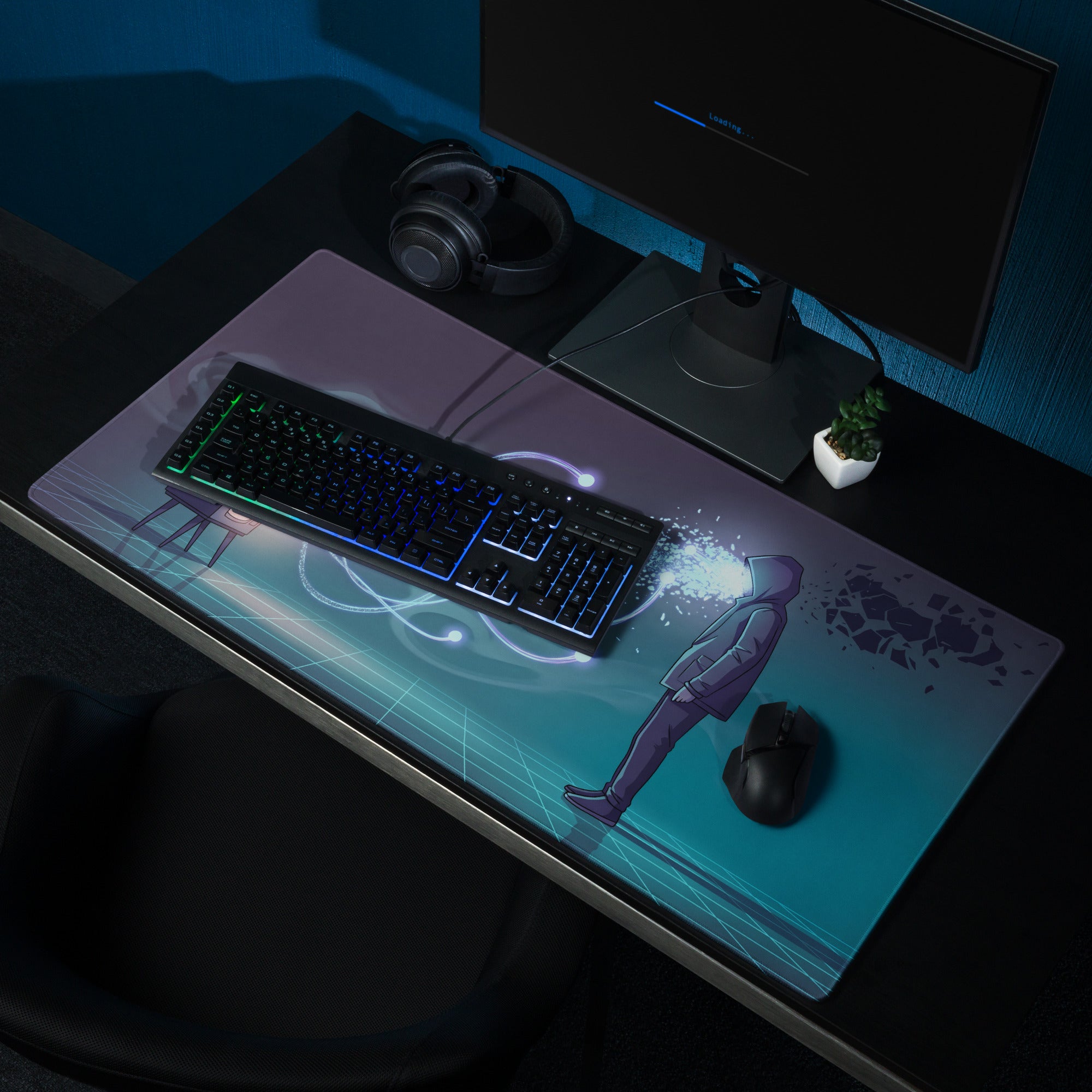A sleek rectangular vaporwave neon gaming mouse pad with a purple illustrated figure on a teal and blue gradient background