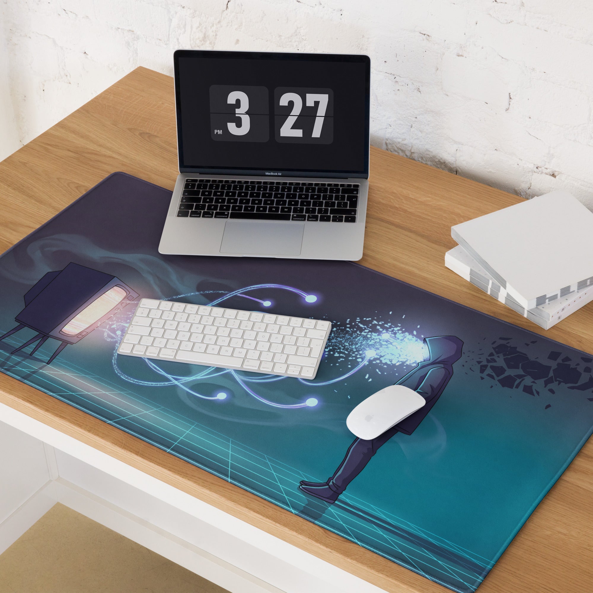 Blue and teal futuristic vaporwave neon gaming mouse pad with glowing circuit designs and sci-fi character illustration