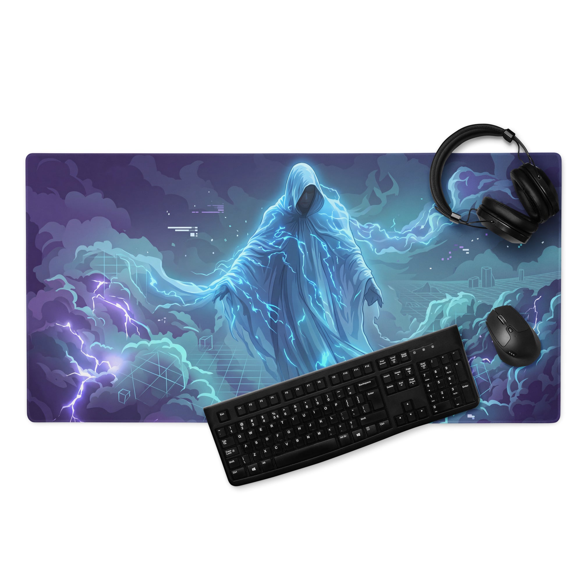 Vaporwave neon gaming mouse pad with blue and purple lightning design featuring a hooded figure for cyberpunk decor