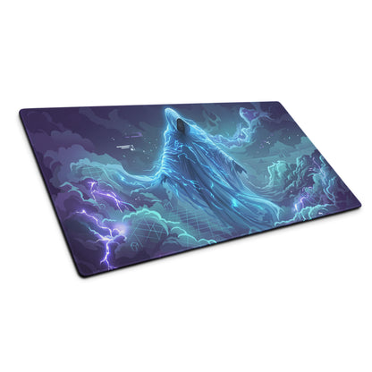A rectangular vaporwave neon gaming mousepad with vibrant blue and purple spectral figure and stormy lightning design