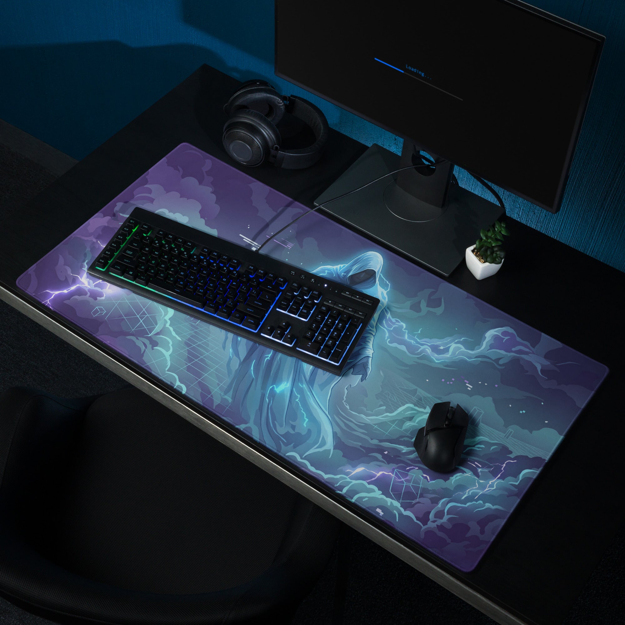 Vaporwave neon gaming mousepad with purple and blue cosmic theme and glowing lightning design for desk setup