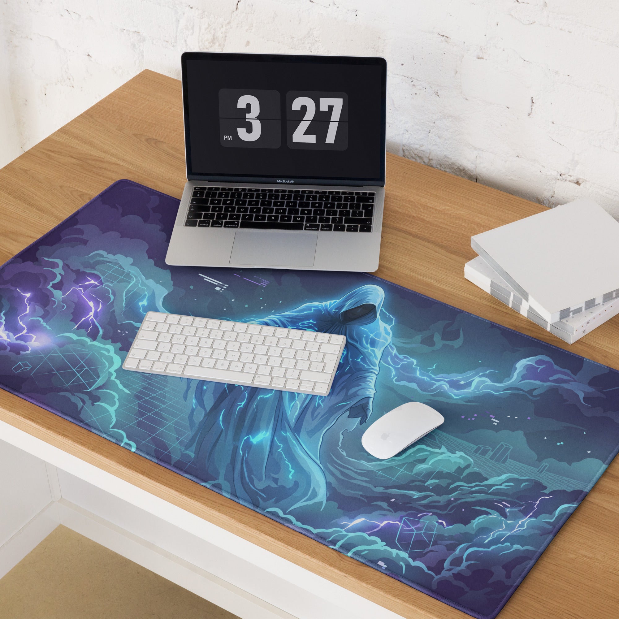 Vaporwave neon gaming mousepad with vibrant blue and purple cosmic lightning storm design for retro futurism desk setup