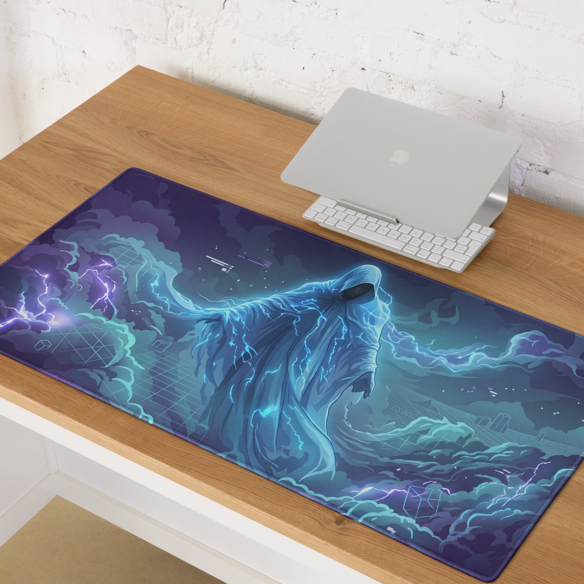 Vaporwave neon gaming mouse pad with vivid hooded figure in electric blue lightning on dark purple background