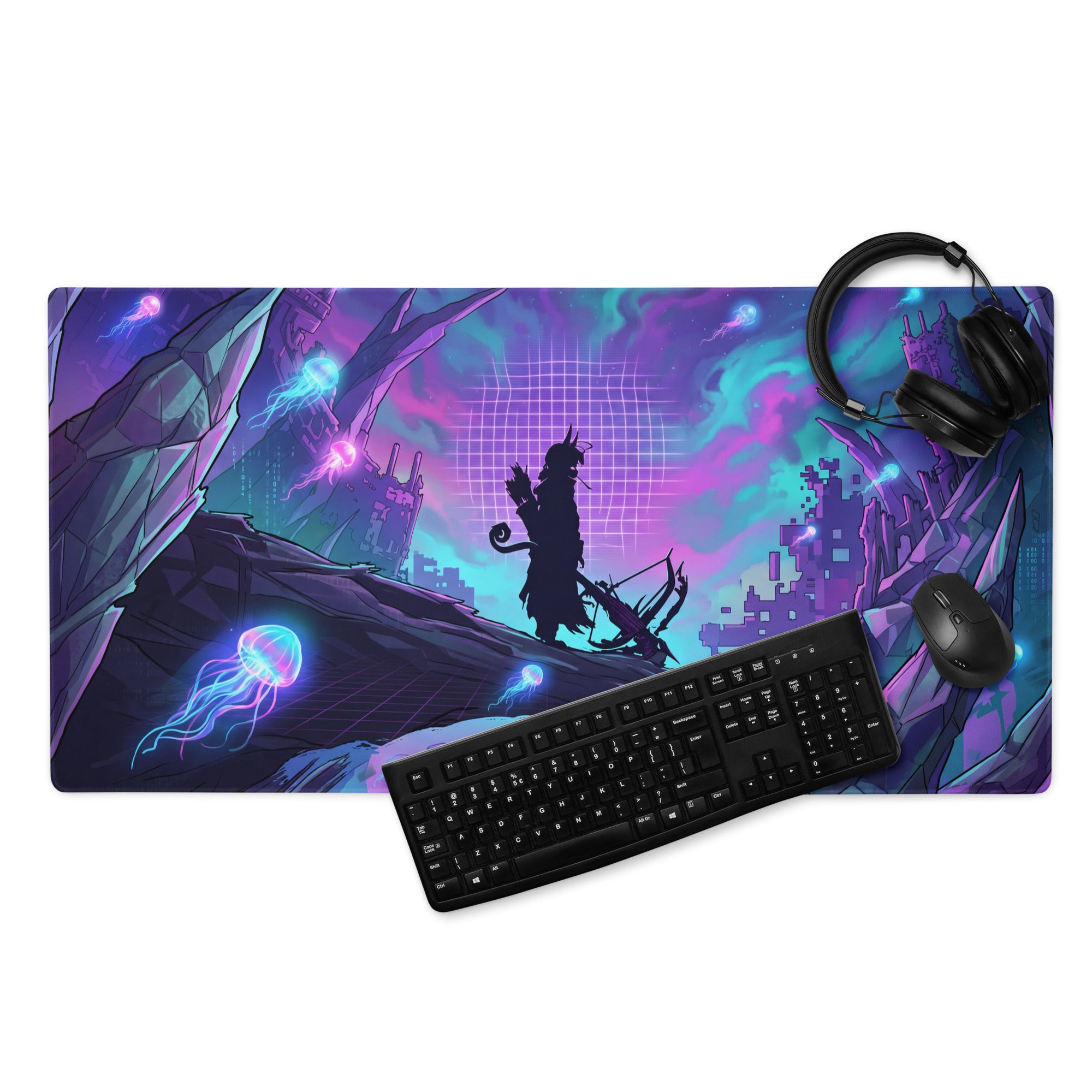 Vaporwave neon nightscape pad gaming mouse pad features vibrant purple teal cyberpunk design with glowing jellyfish and pixelated cityscape