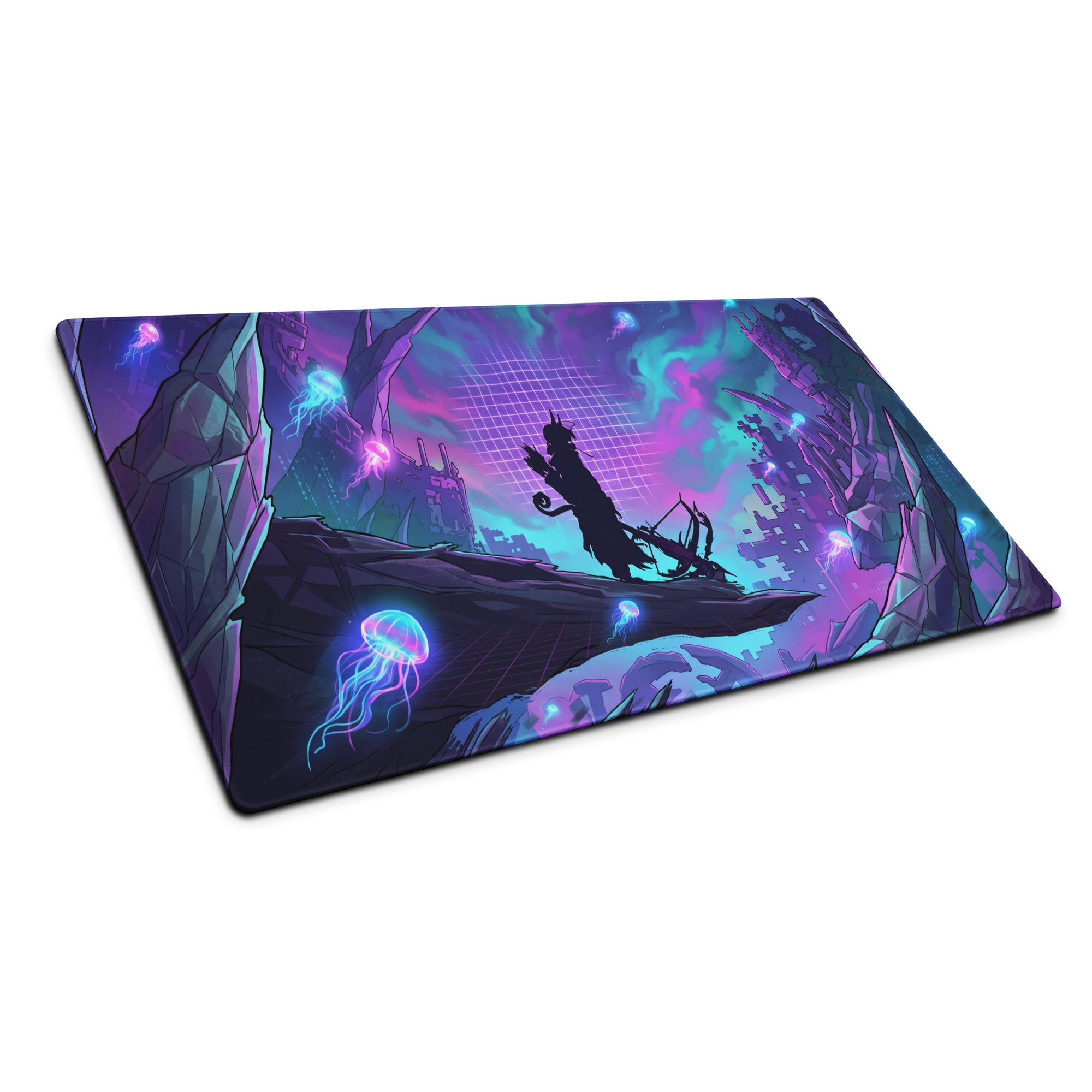 Vaporwave neon nightscape rectangular gaming mousepad with glowing purple blue jellyfish and silhouetted archer design