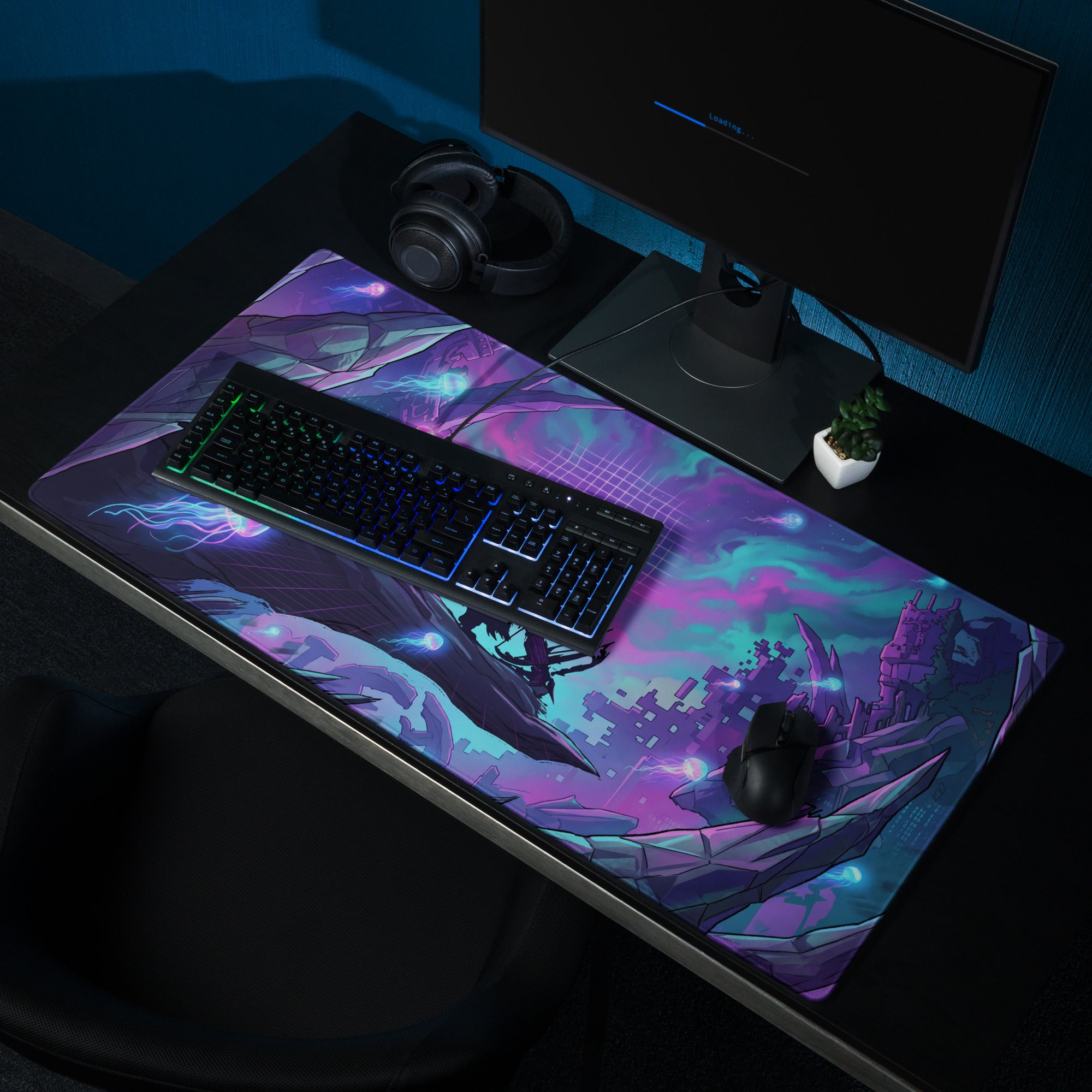 Vibrant purple and teal vaporwave neon nightscape gaming mouse pad with detailed cosmic fantasy landscape design