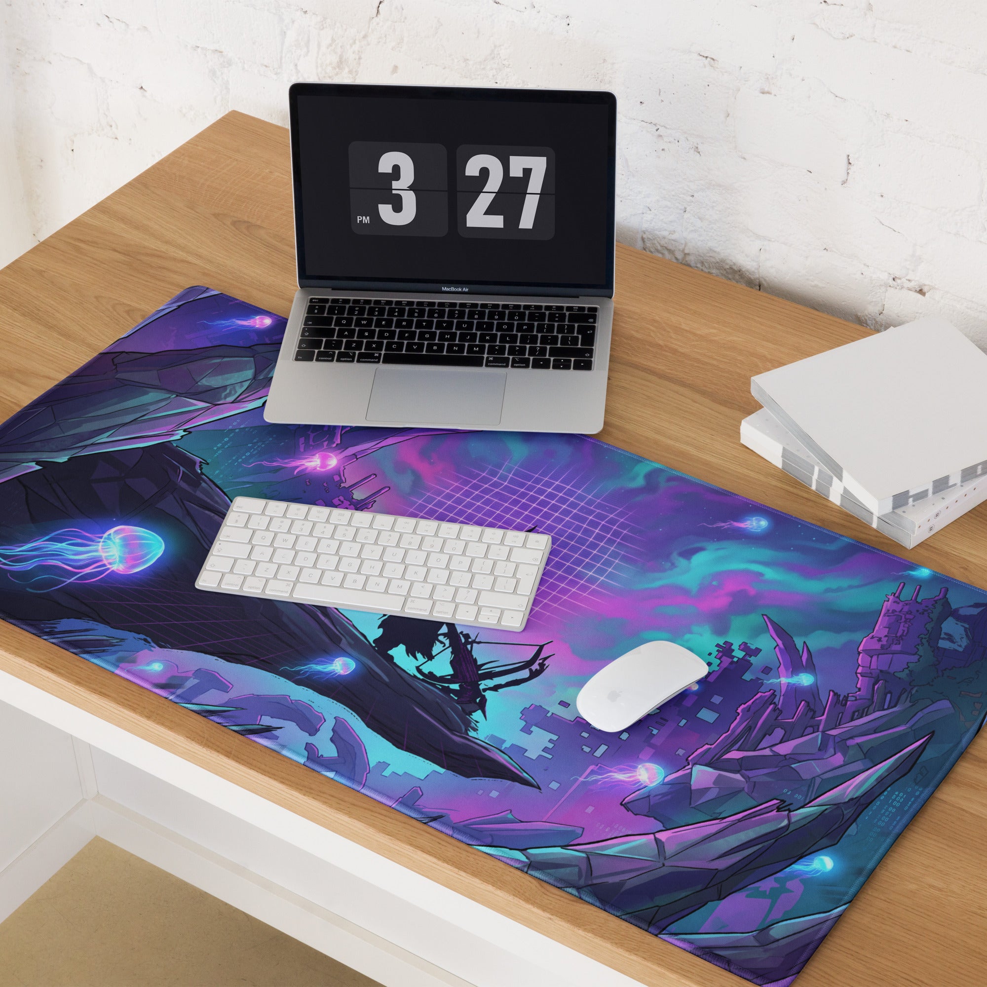 Vibrant purple and teal vaporwave neon nightscape gaming mouse pad with glowing jellyfish and futuristic cityscape design